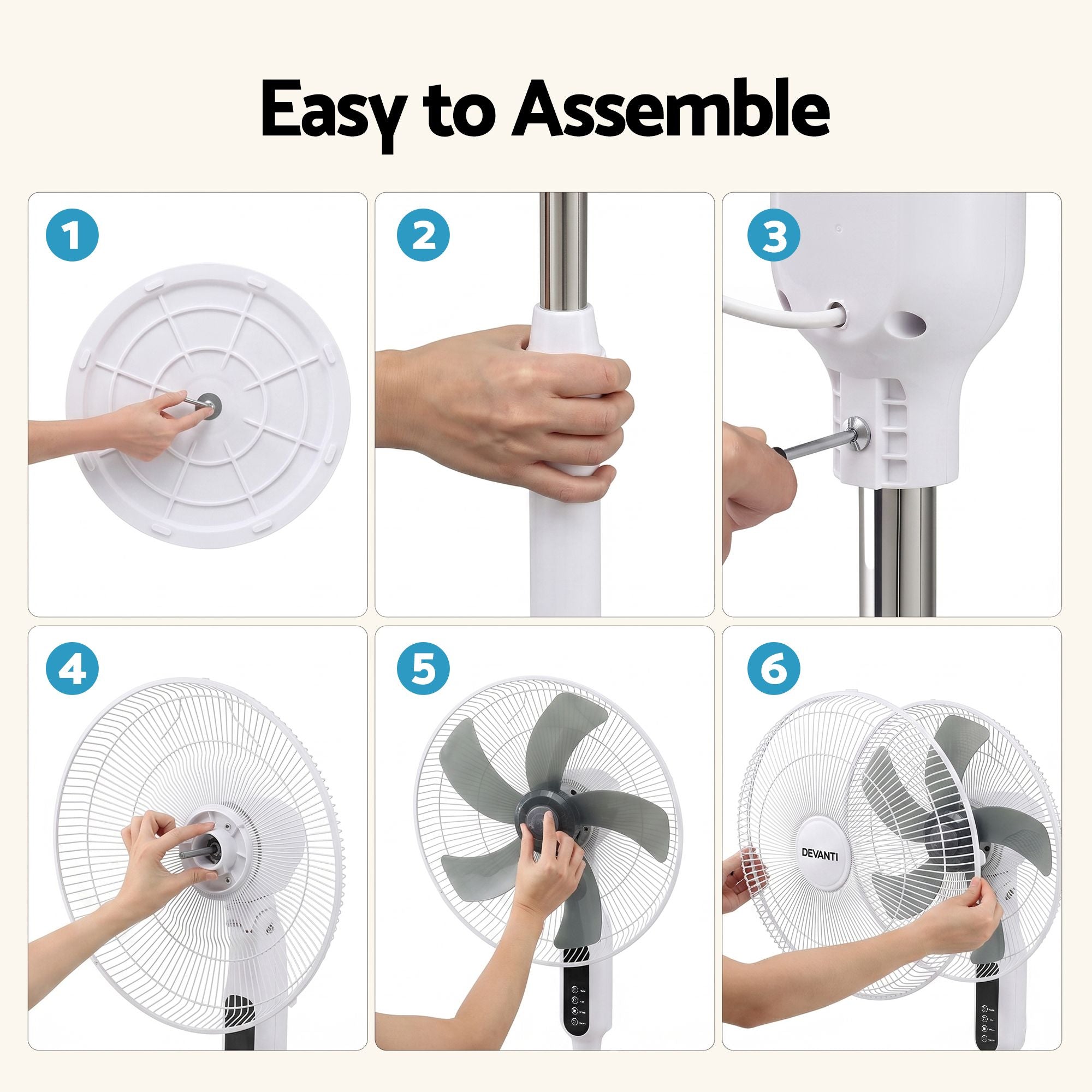 DEVANTI 16" Pedestal Fan with Remote 3 Speeds 8H Timer, White Bedworld