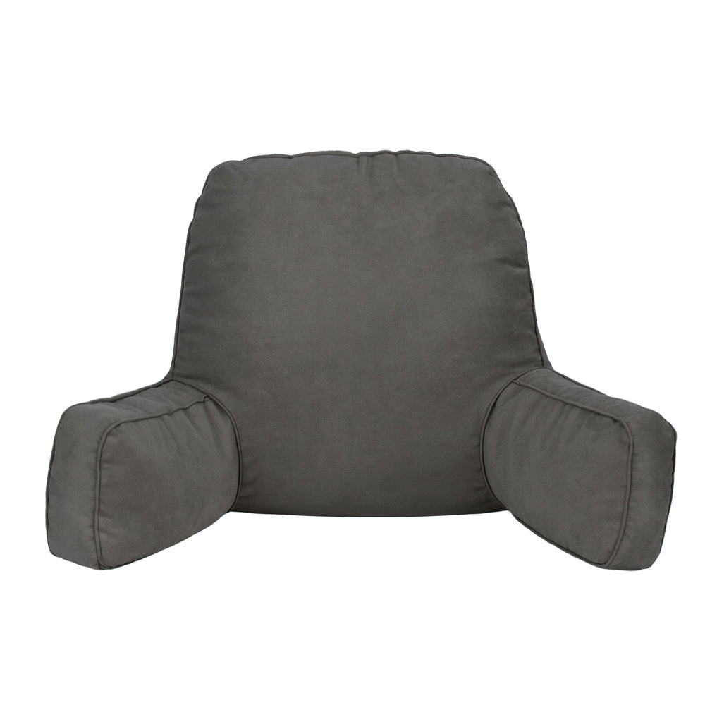 Grey reading backrest lumbar support cushion with two armrests and padded head support