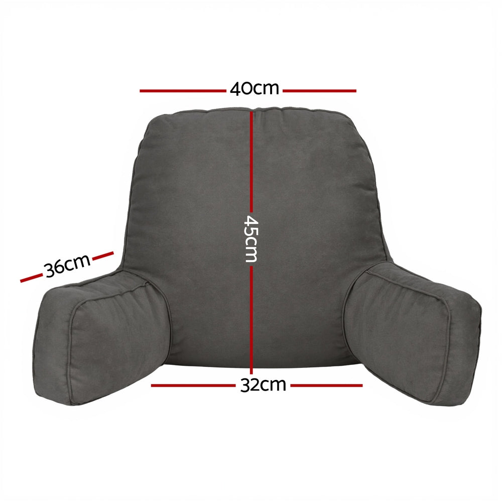 Grey backrest support pillow with armrests; lumbar shape shown with size marks