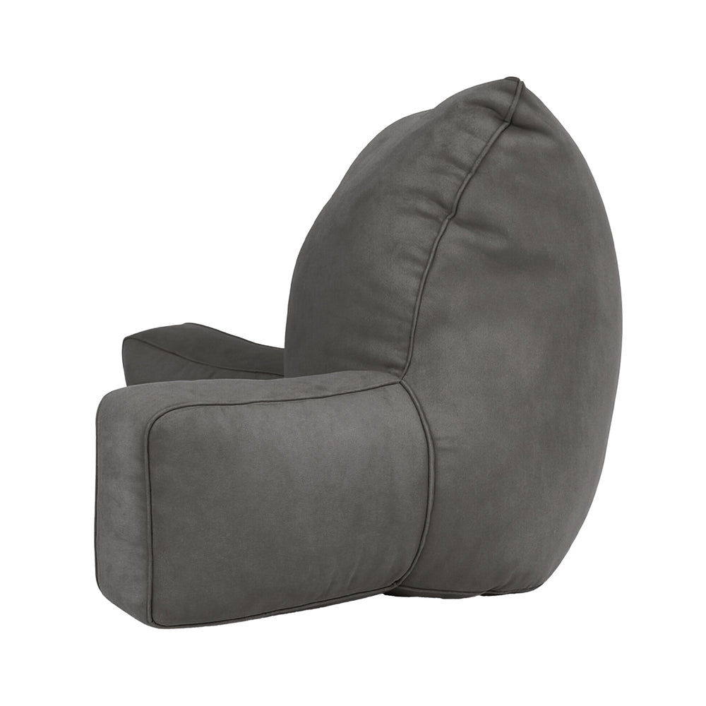 Grey padded backrest cushion with curved side support; one armrest visible from angle