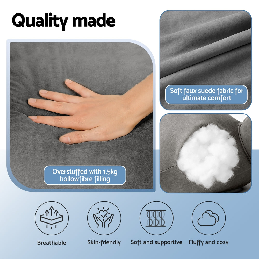 Grey faux suede reading pillow surface with stitched seams and soft plush filling