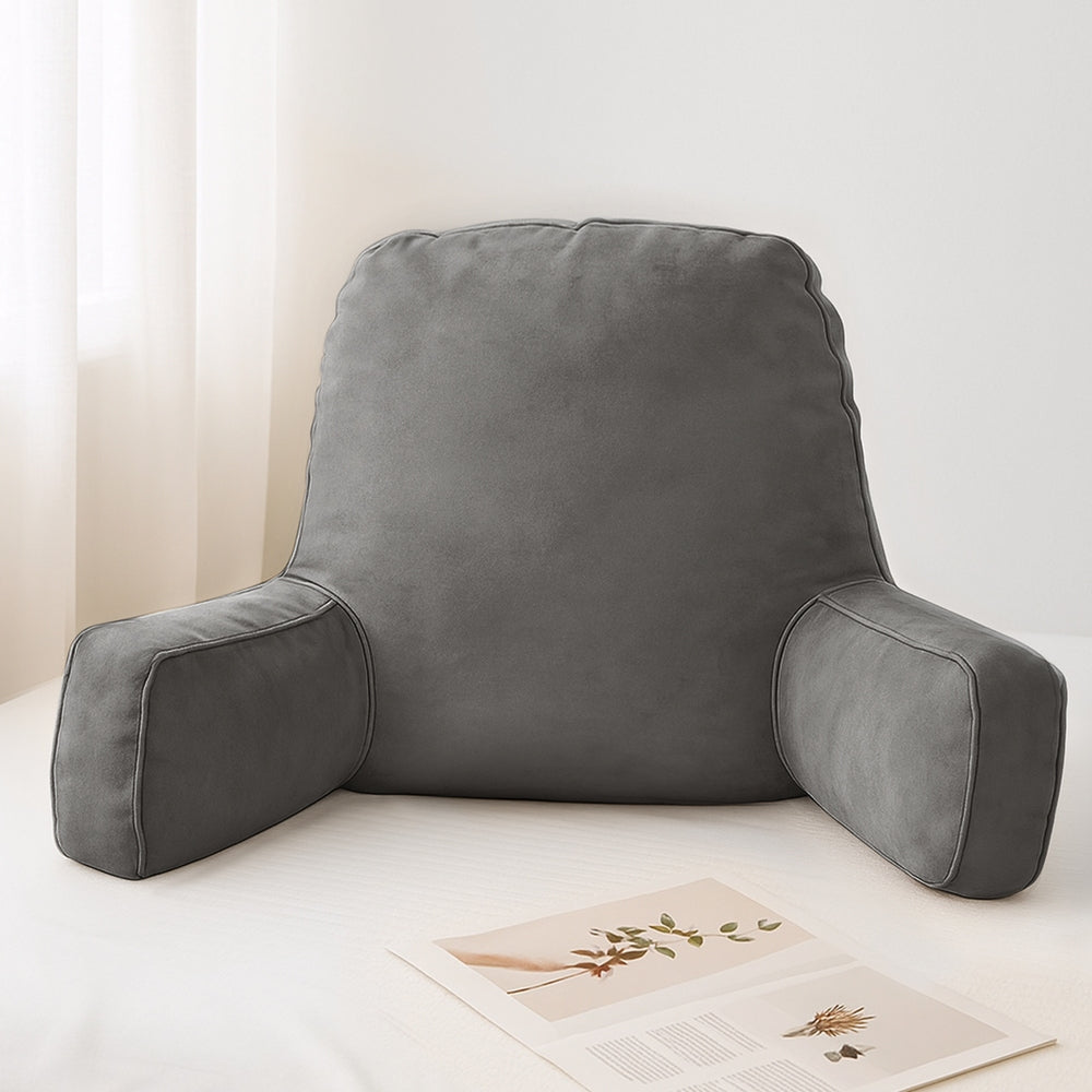 Grey backrest lumbar cushion with rounded headrest and two padded arm sections