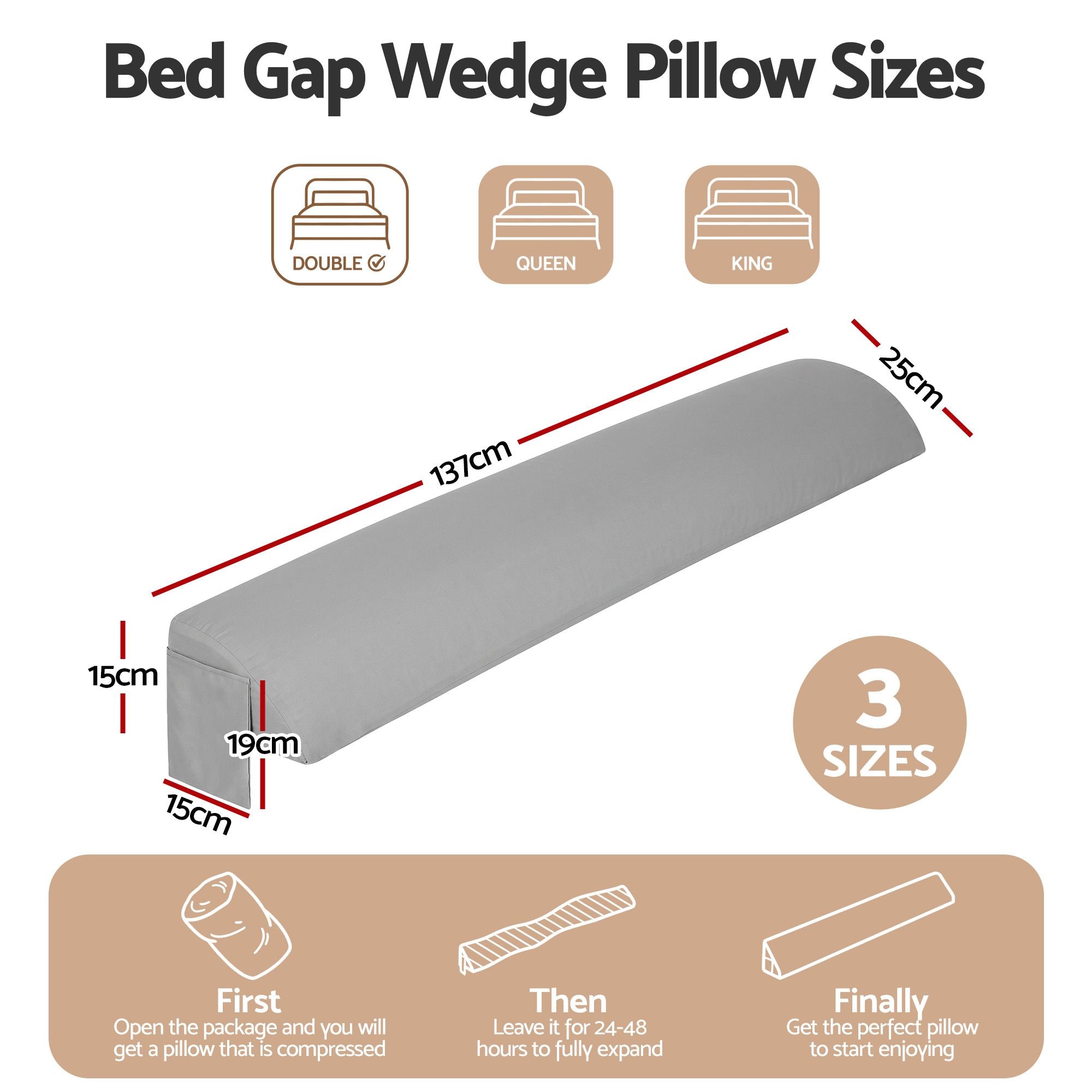 Giselle Double Bed Wedge Pillow For Headboard, Close Gap And Stop Pillows Sliding, Perfect For Dorm Or Tatami Reading, 25D Foam Mattress Gap Filler With 2 Side Pockets, Washable 110gsm Cover Bedworld