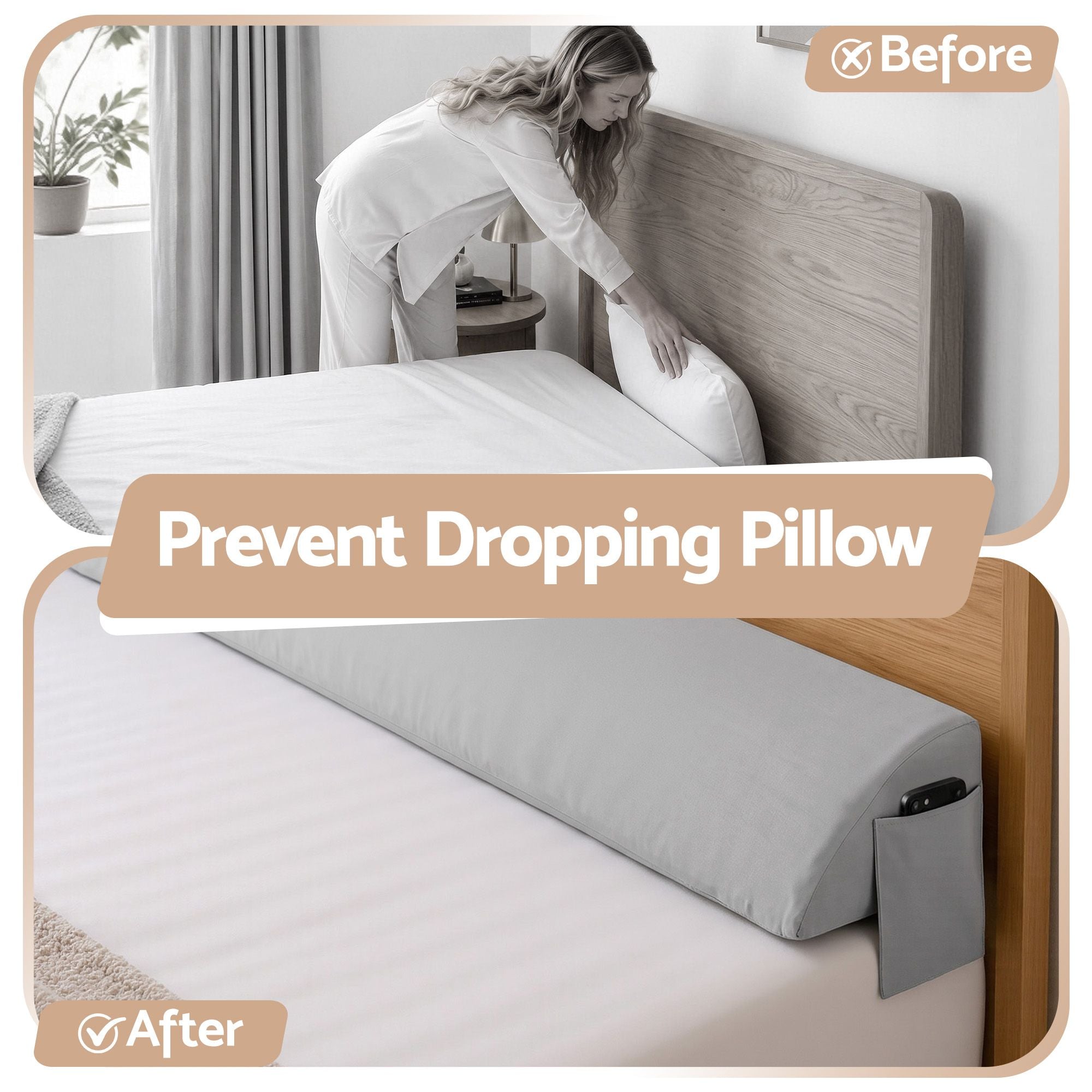 Giselle Double Bed Wedge Pillow For Headboard, Close Gap And Stop Pillows Sliding, Perfect For Dorm Or Tatami Reading, 25D Foam Mattress Gap Filler With 2 Side Pockets, Washable 110gsm Cover Bedworld