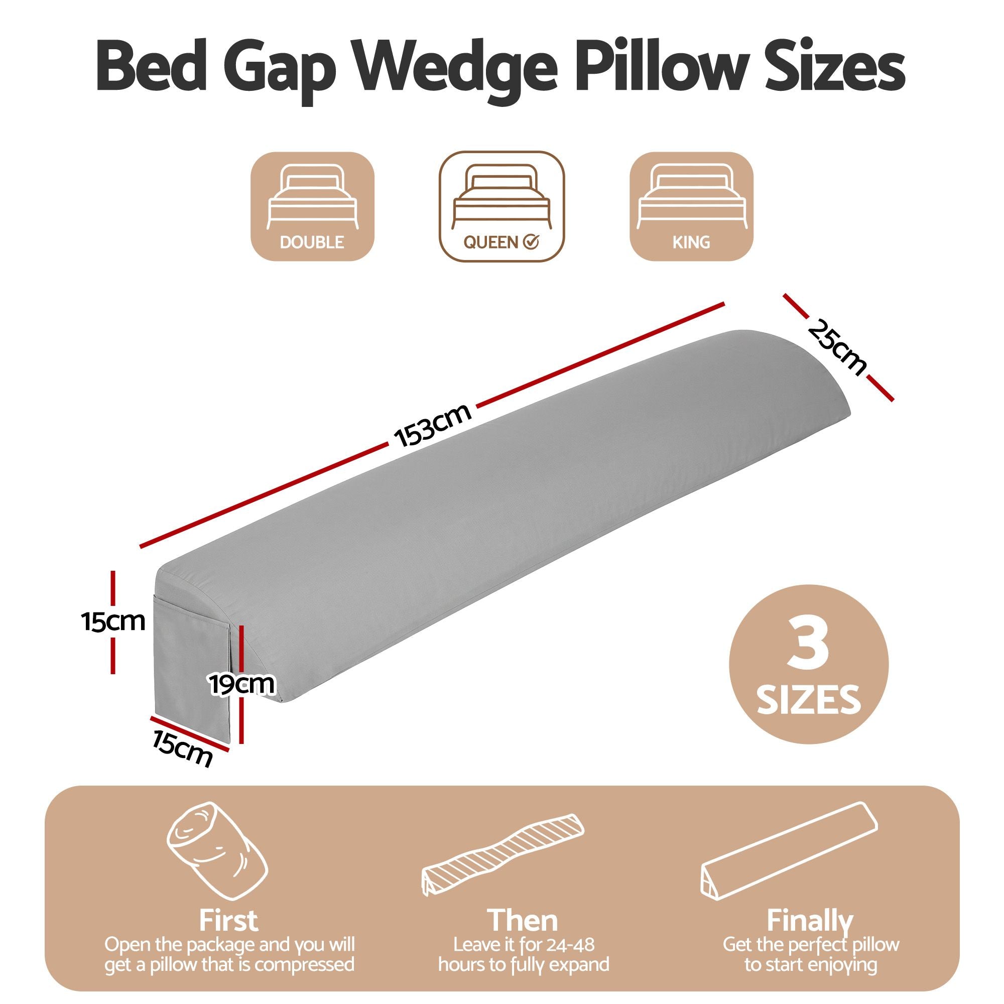 Giselle Queen Bed Wedge Pillow For Headboard, Close Gap And Stop Pillows Sliding, Perfect For Dorm Or Tatami Reading, 25D Foam Mattress Gap Filler With 2 Side Pockets, Washable 110gsm Cover Bedworld