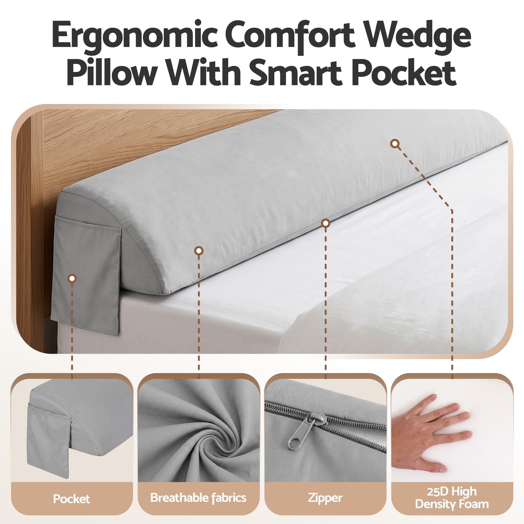 Giselle Queen Bed Wedge Pillow For Headboard, Close Gap And Stop Pillows Sliding, Perfect For Dorm Or Tatami Reading, 25D Foam Mattress Gap Filler With 2 Side Pockets, Washable 110gsm Cover Bedworld