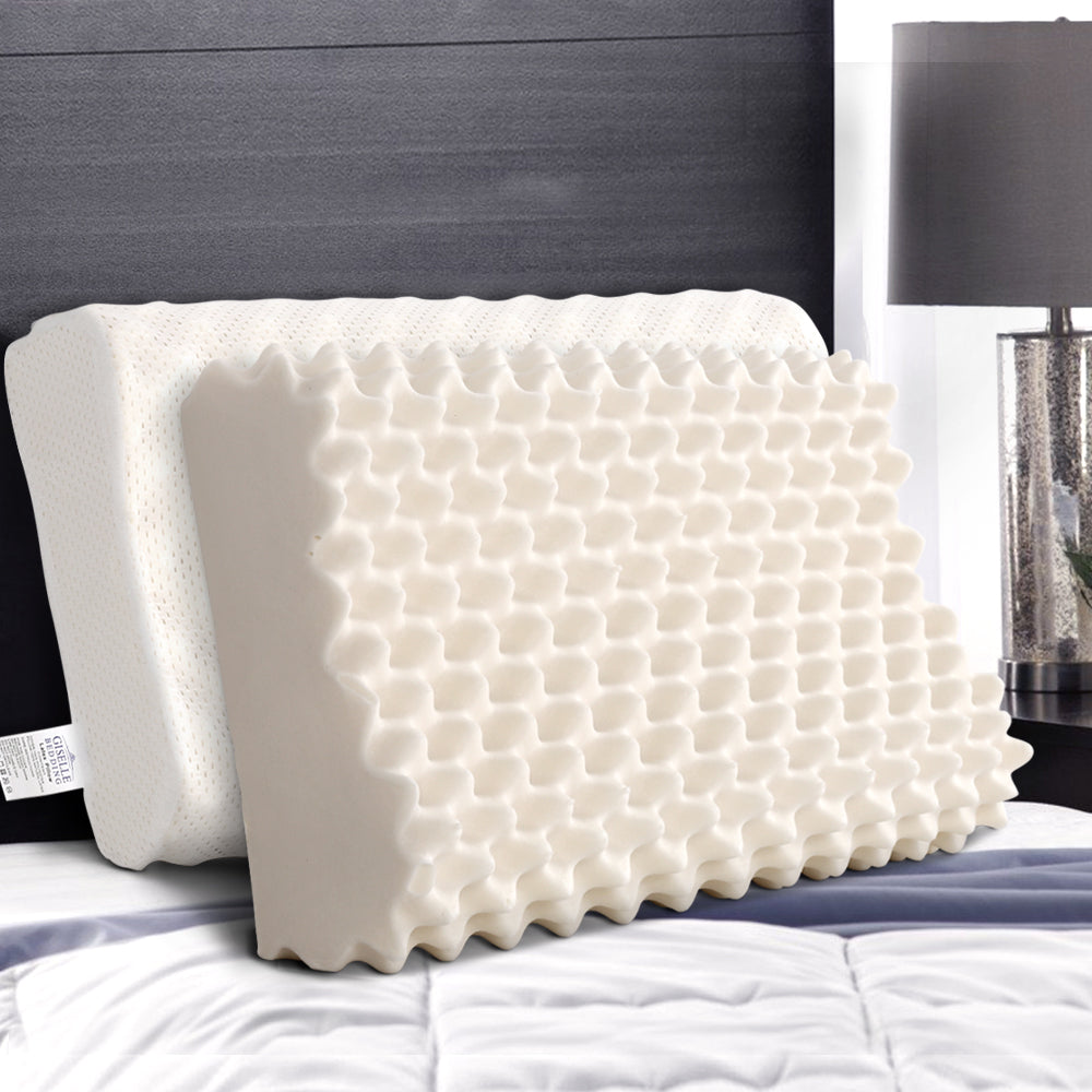 Natural latex pillow, creamy white with embossed honeycomb surface and thick sidewall