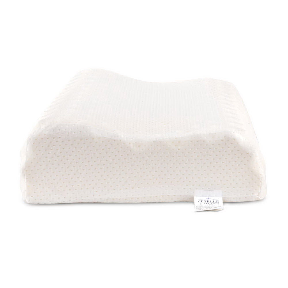 Natural latex pillow, creamy white, gently contoured top with fabric cover and label