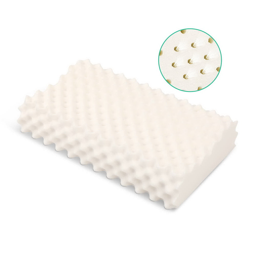 Natural latex pillow showing creamy white bumpy latex texture and inset close-up