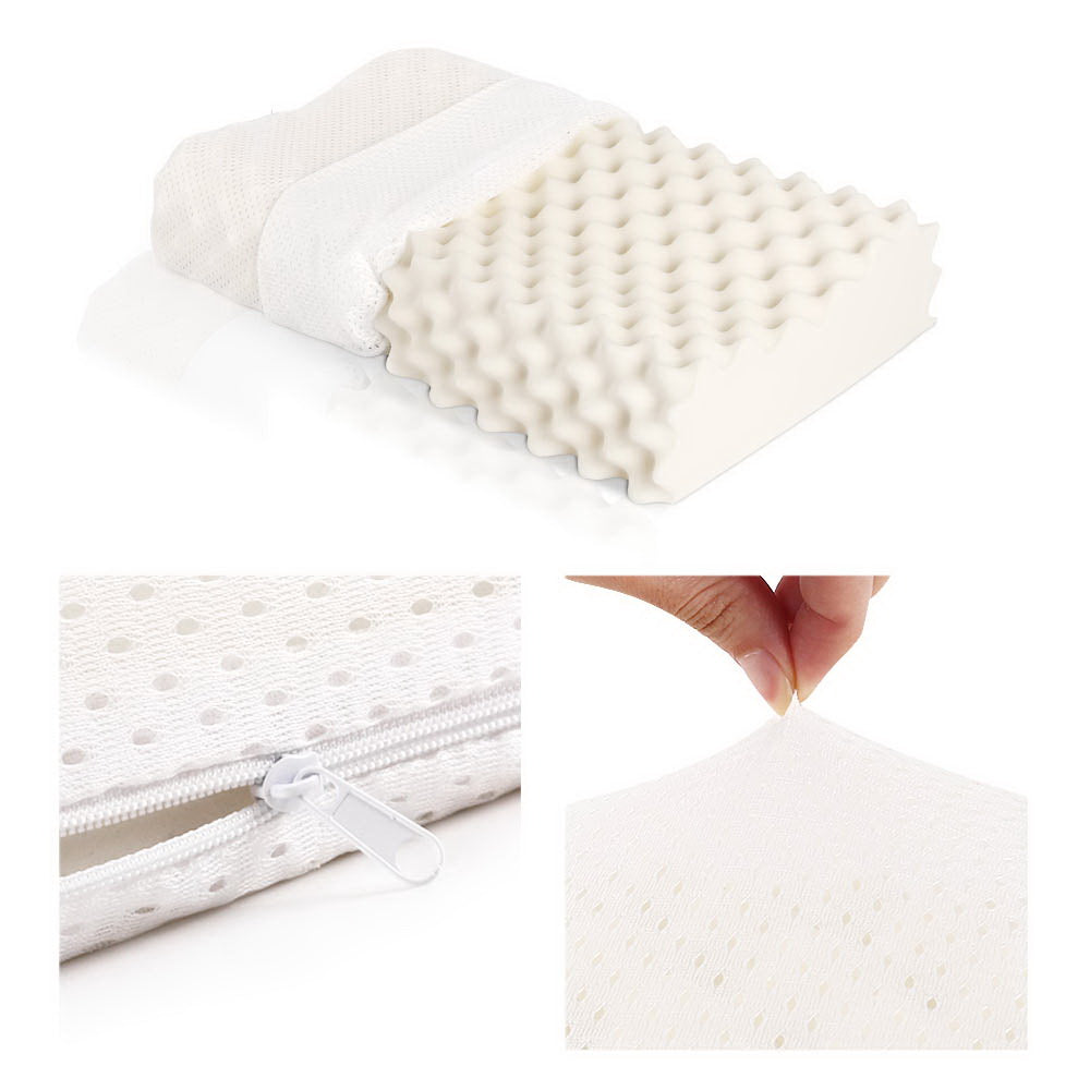 Natural latex pillow with creamy white cover and zip closure, plus side texture view