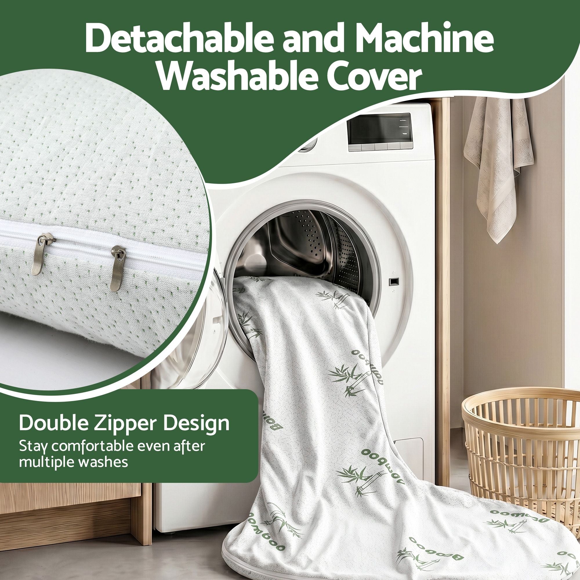 Machine-washable detachable cover for C-shaped maternity pillow with green bamboo print