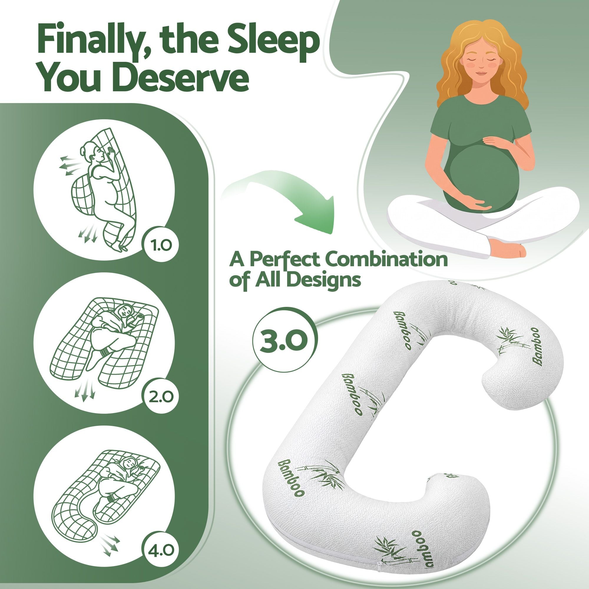C-shaped pregnancy pillow with white bamboo-fiber cover and green bamboo pattern