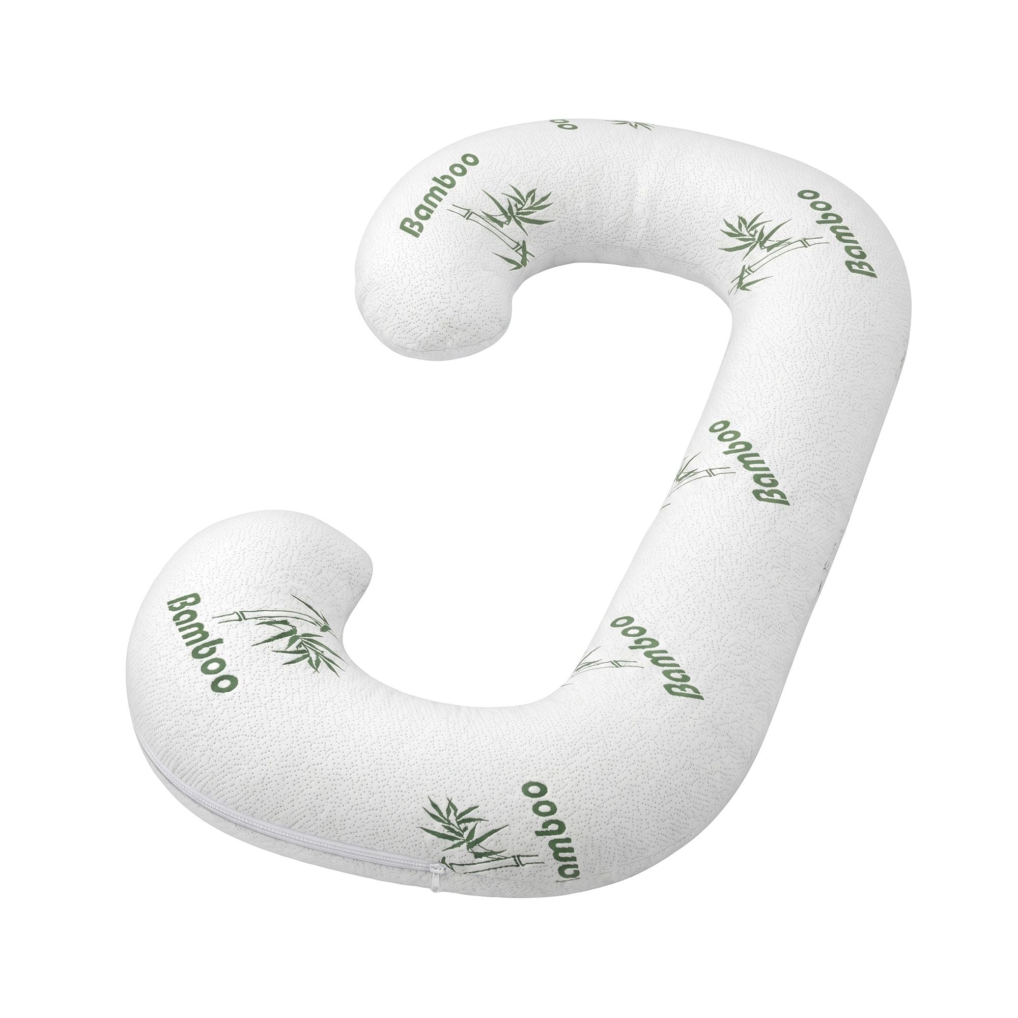 C-shaped maternity pillow with white bamboo-fiber cover and green bamboo leaf print