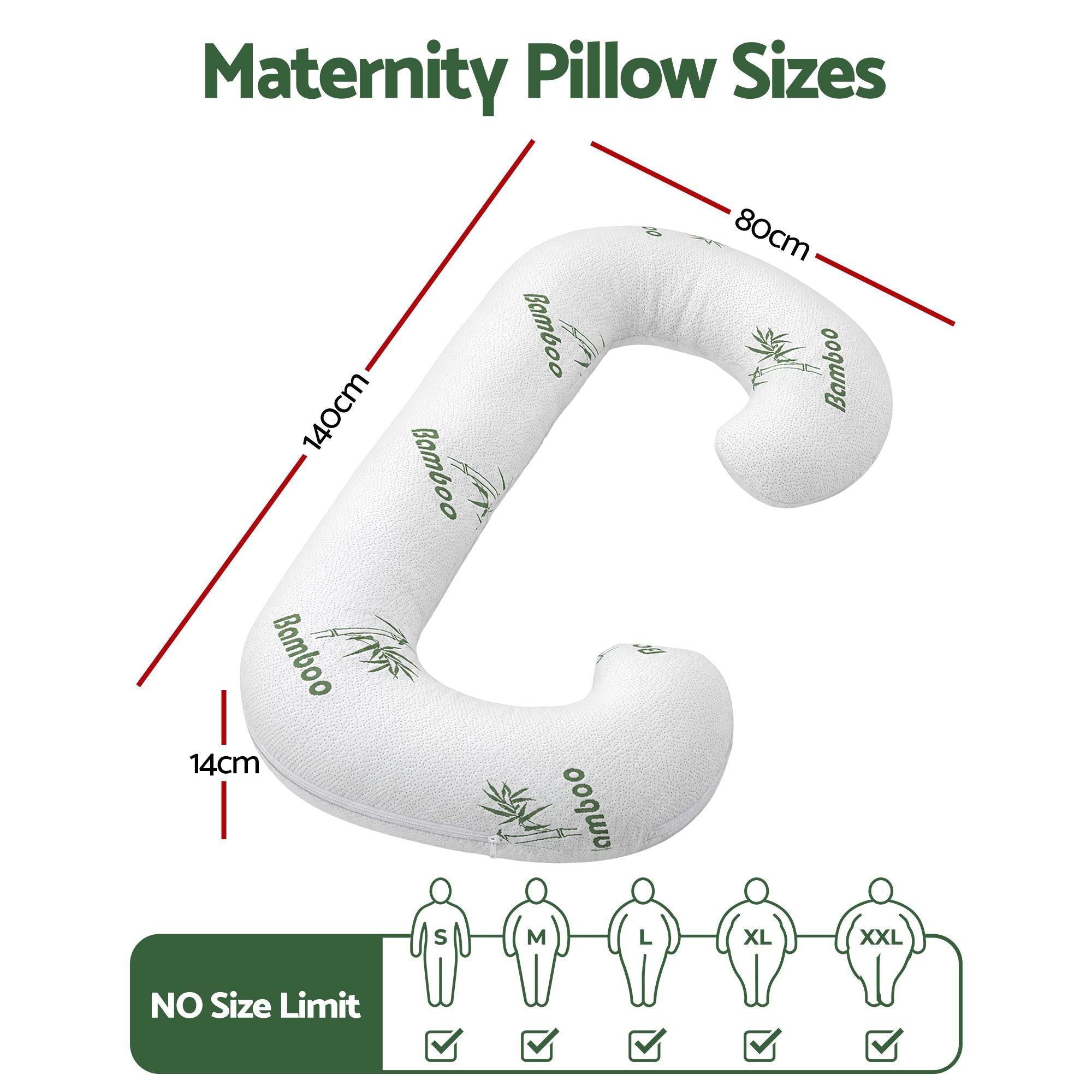 C-shaped maternity pillow with white bamboo-fiber cover; size diagram (140cm length)