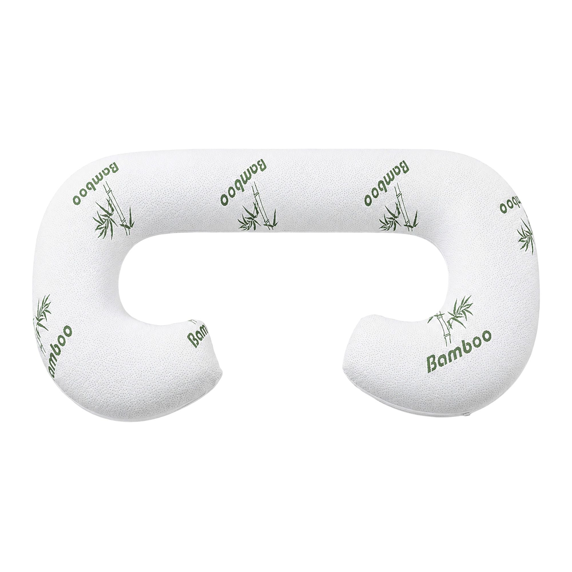 C-shaped maternity pillow with white bamboo-fiber cover and green bamboo leaf pattern