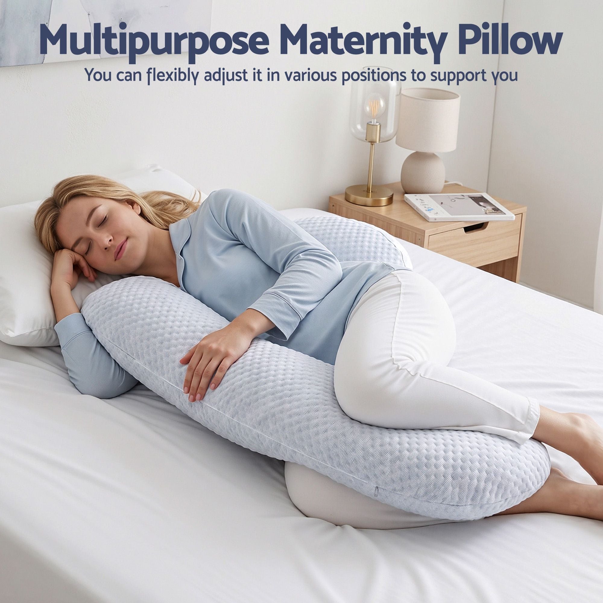 Adjustable maternity body pillow in light blue, U-shape support for belly and hips