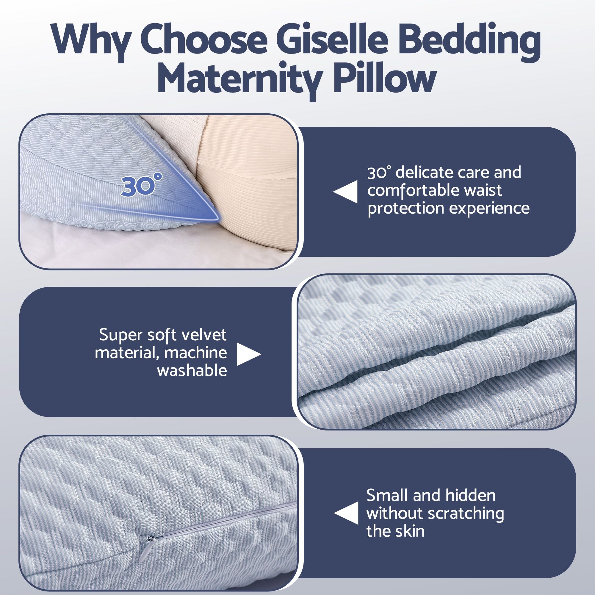 Light blue maternity pillow with stitched, textured fabric surface