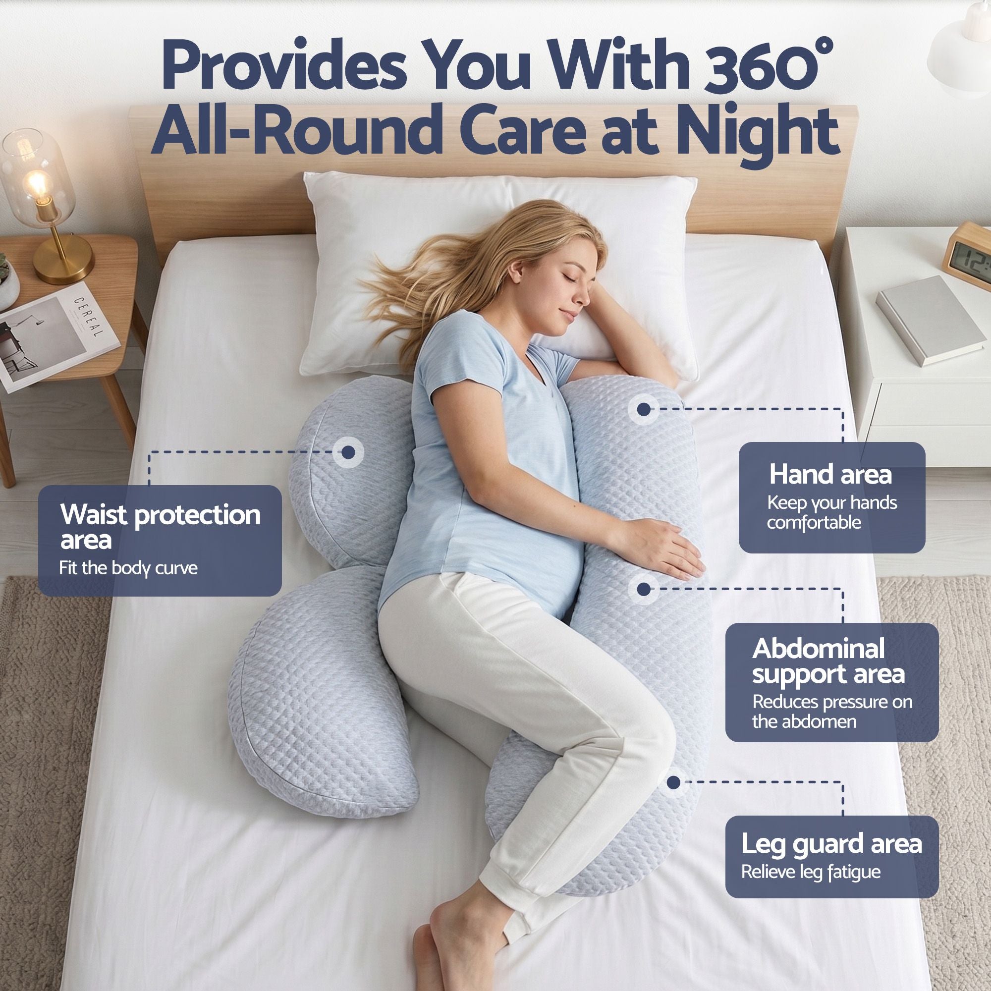 Light blue pregnancy body pillow with contour shape for waist and abdomen support