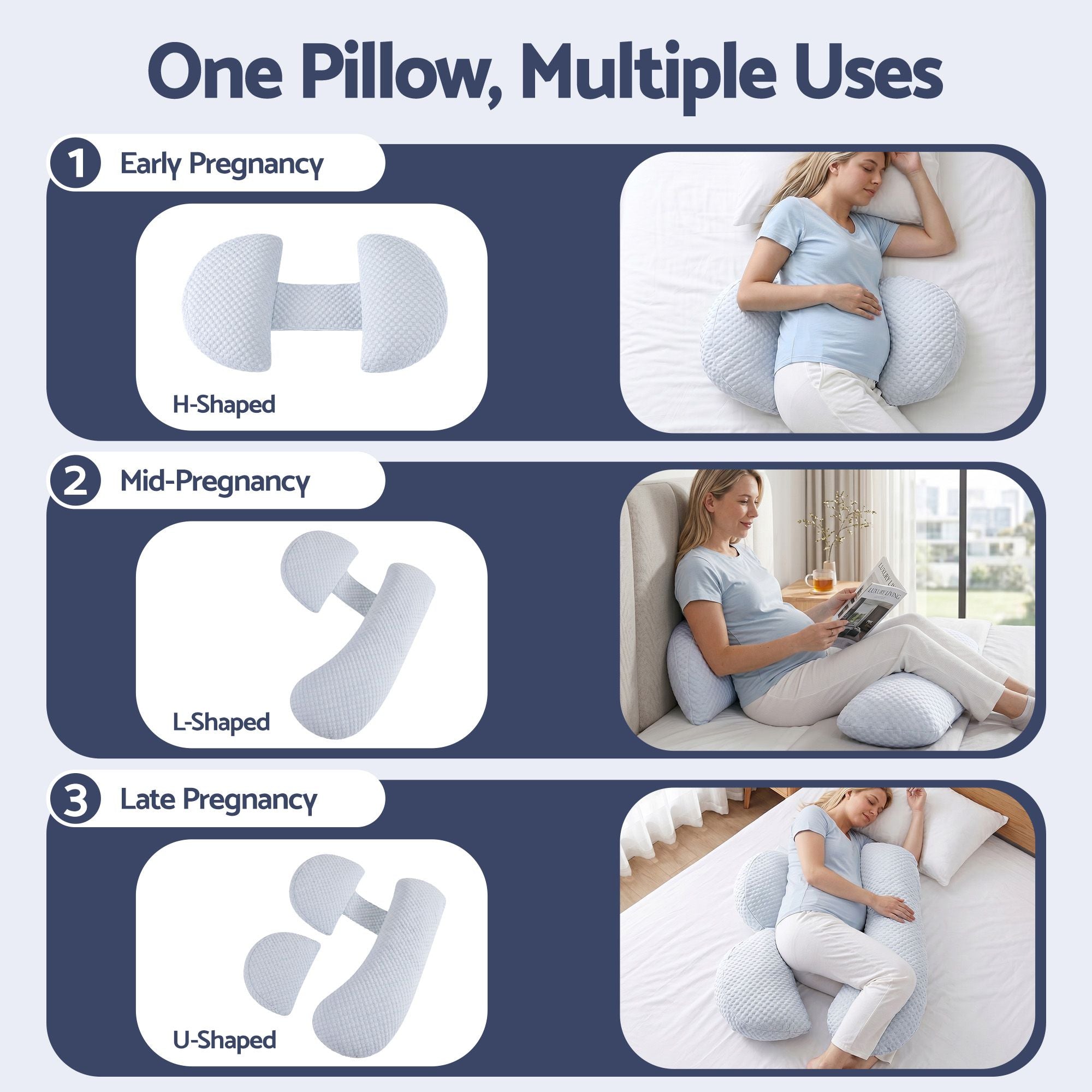 Light blue adjustable maternity pillow showing multi-position shapes