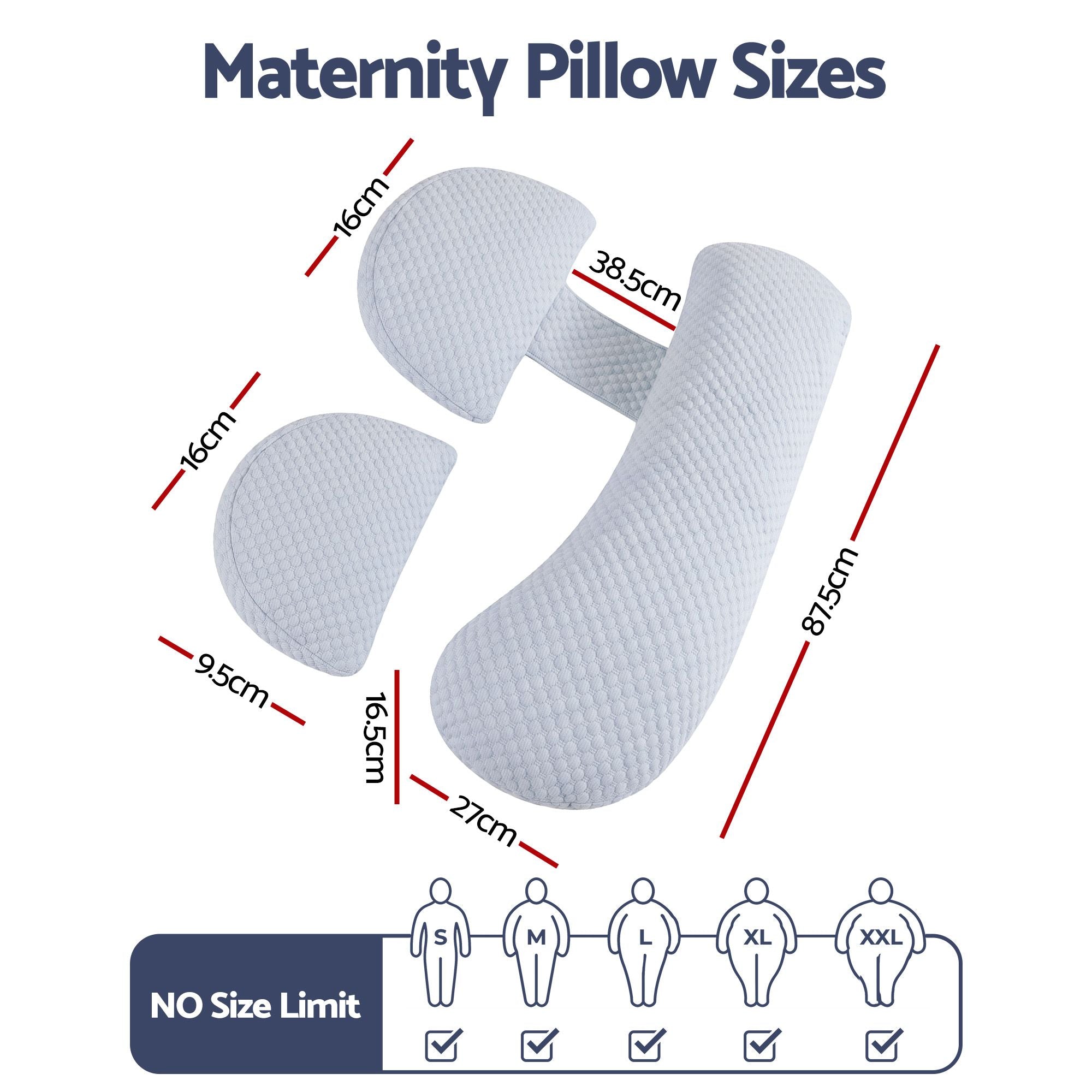 Light blue maternity pillow size diagram with U-shape and adjustable sections