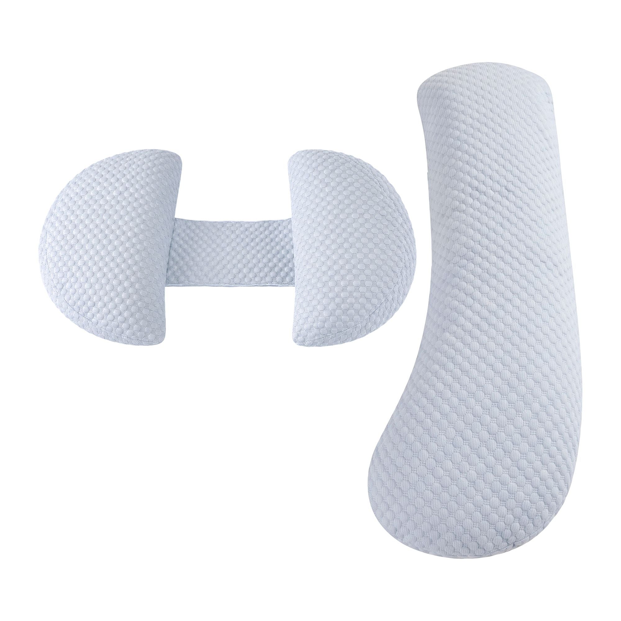 Light blue maternity pillow with flexible U-shape base and two side supports