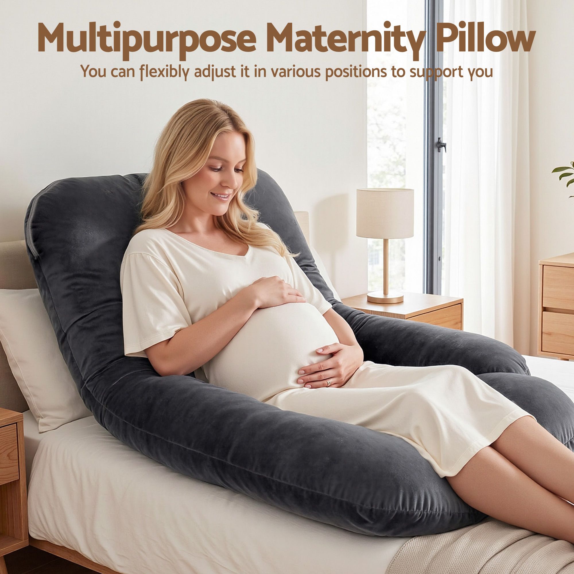 Dark grey U-shaped pregnancy body pillow with full-body wrap support