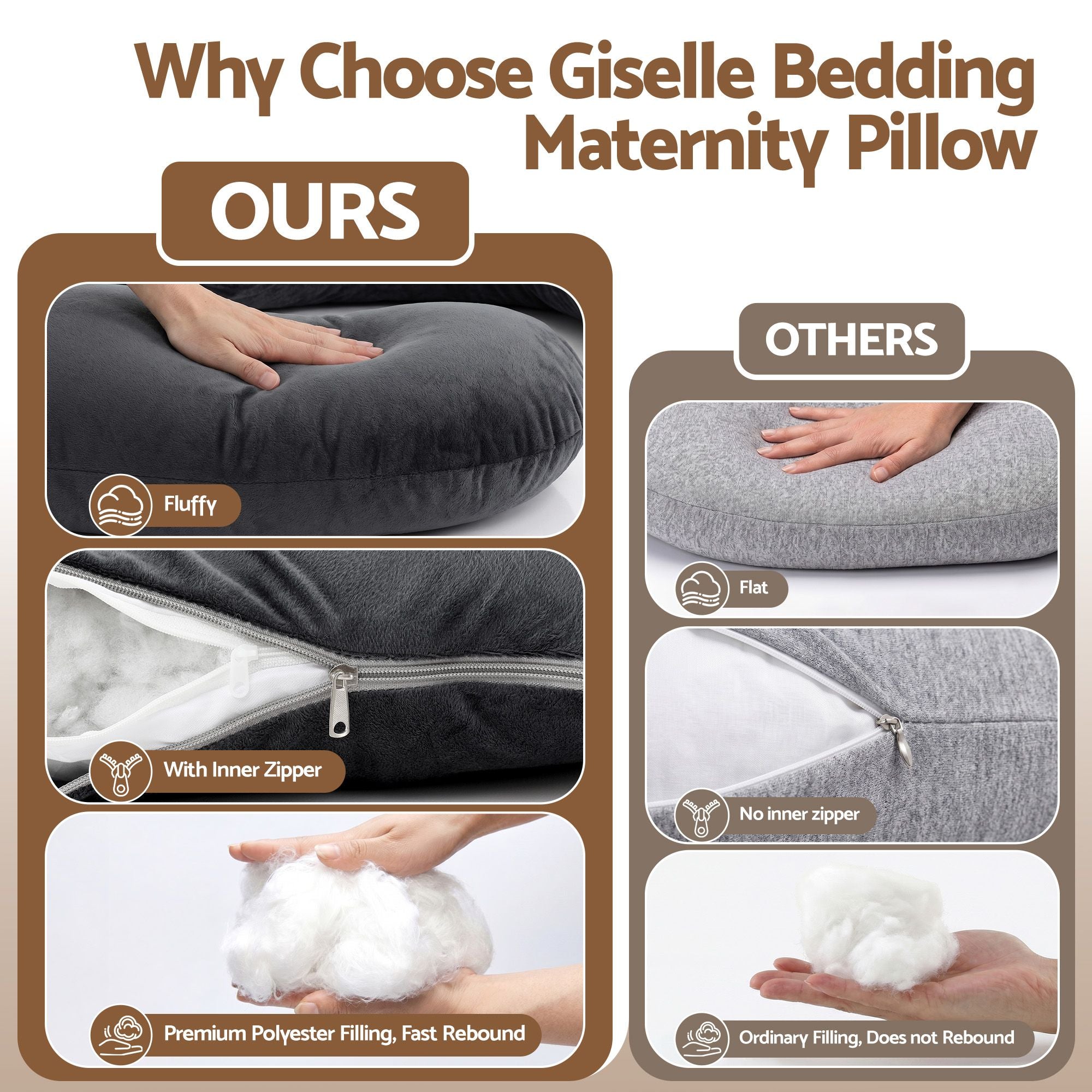 Dark grey pregnancy pillow with removable zip cover and soft, fluffy top