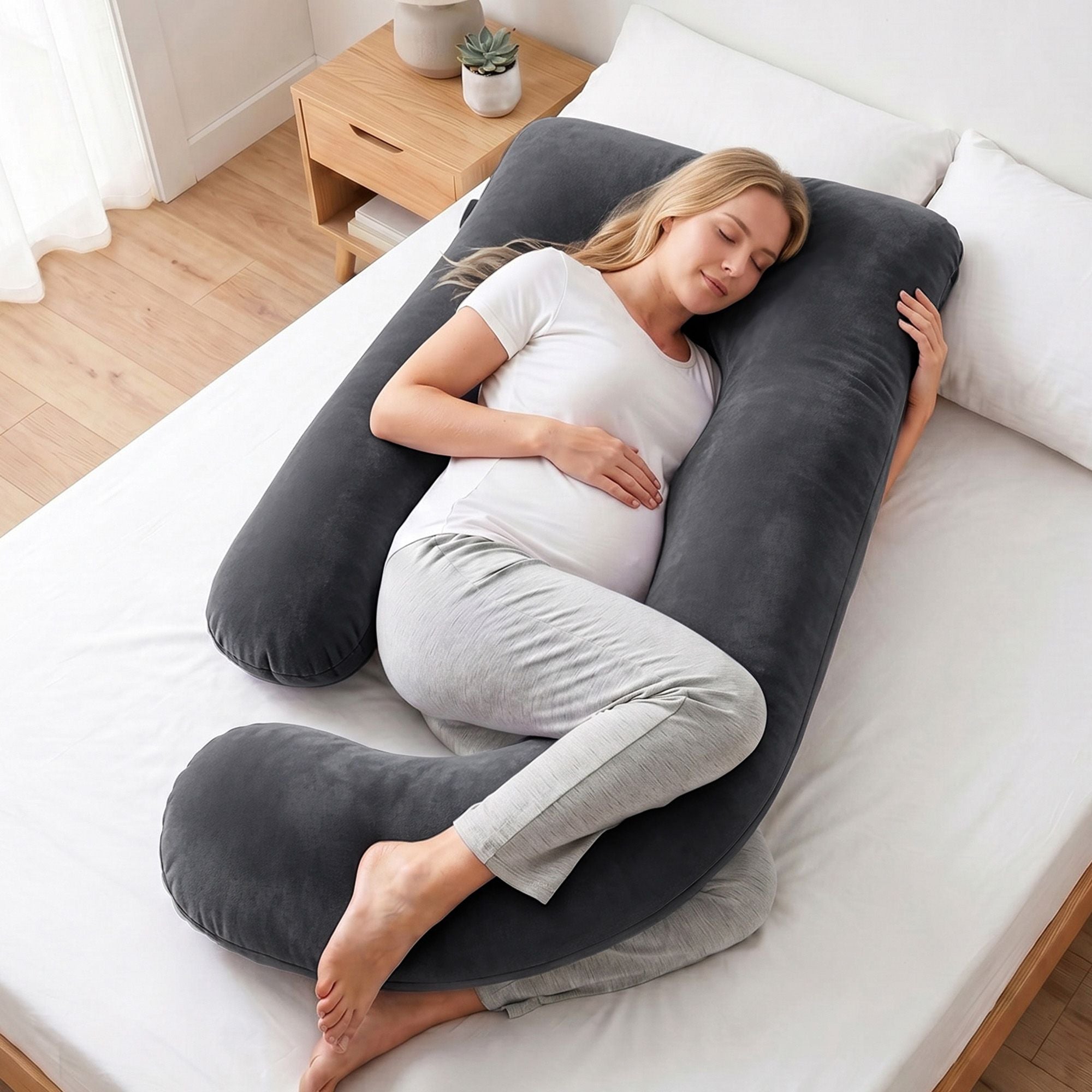 Dark grey G-shaped pregnancy pillow with arm and belly support