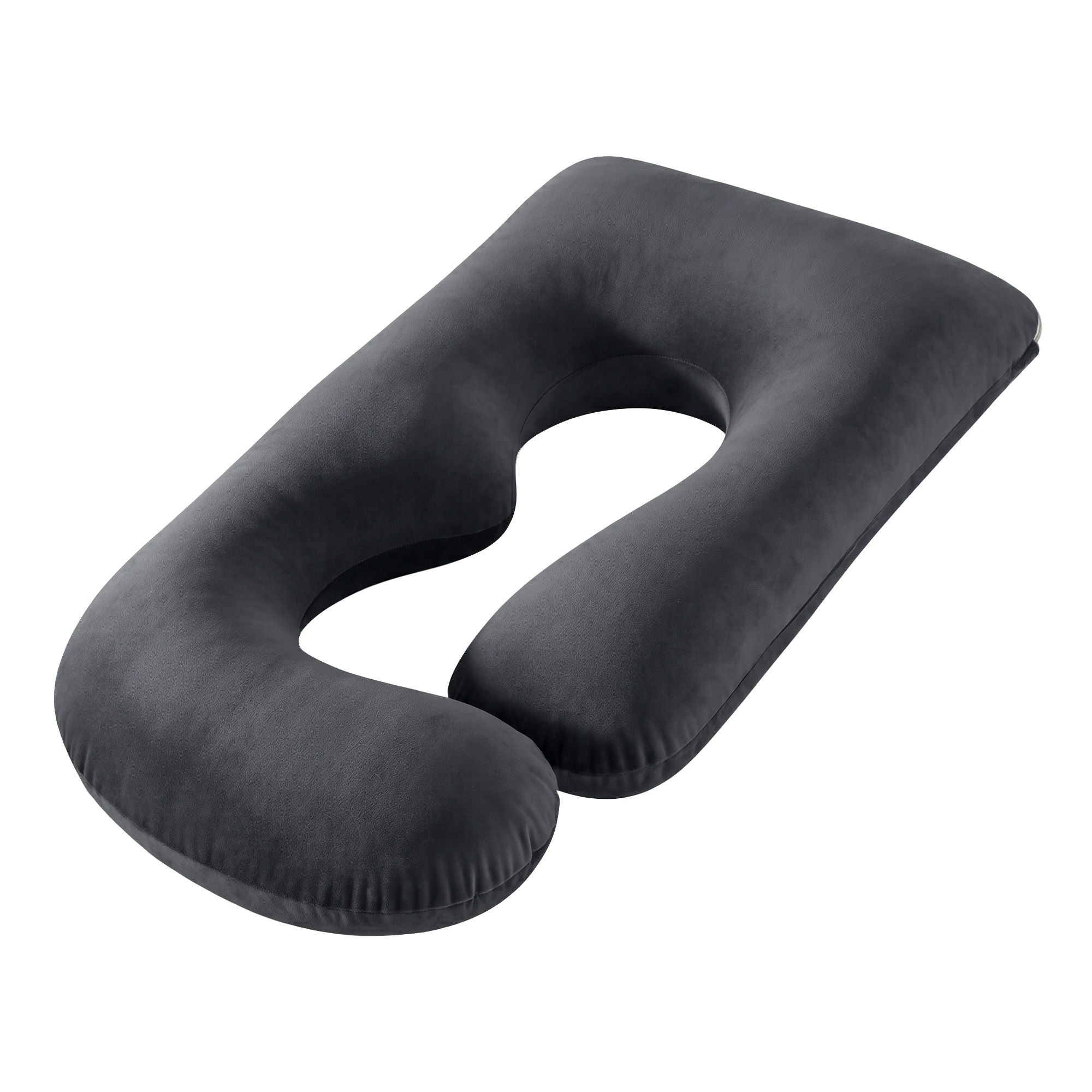 Dark grey pregnancy pillow with U-shaped design and center cutout
