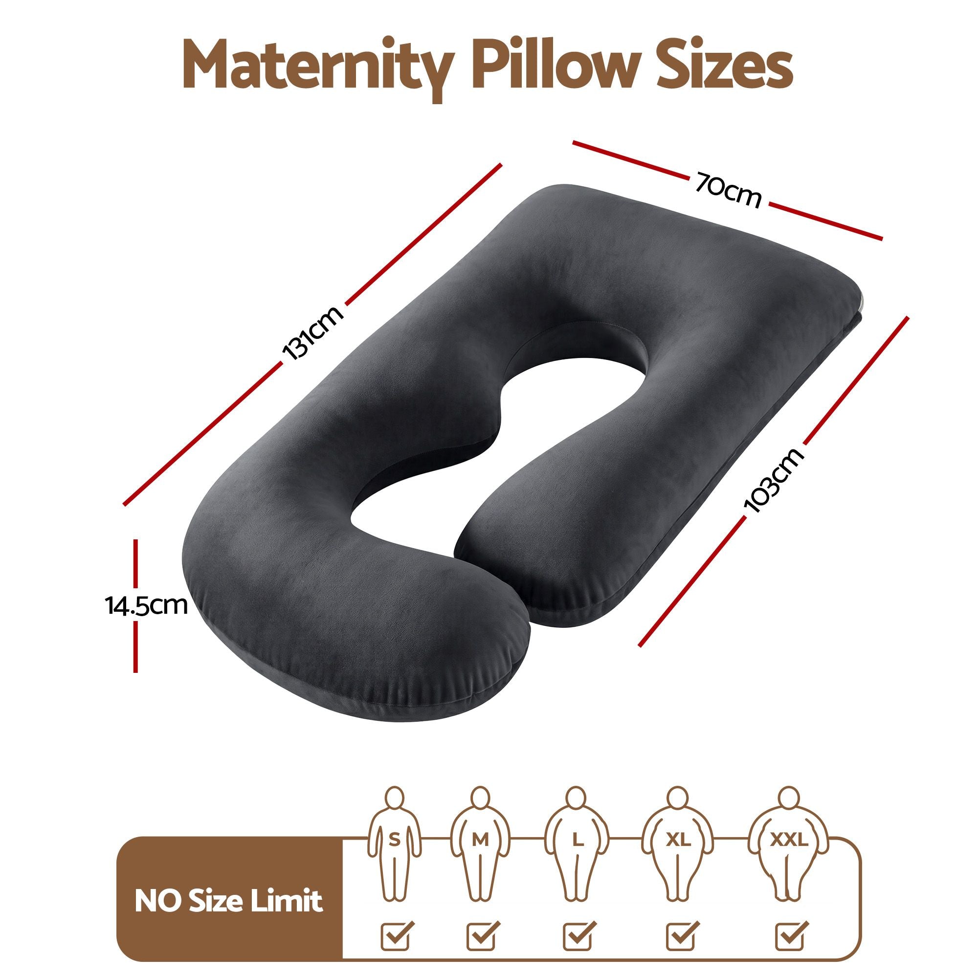 Dark grey pregnancy pillow size diagram with 70 cm and 103 cm measurements