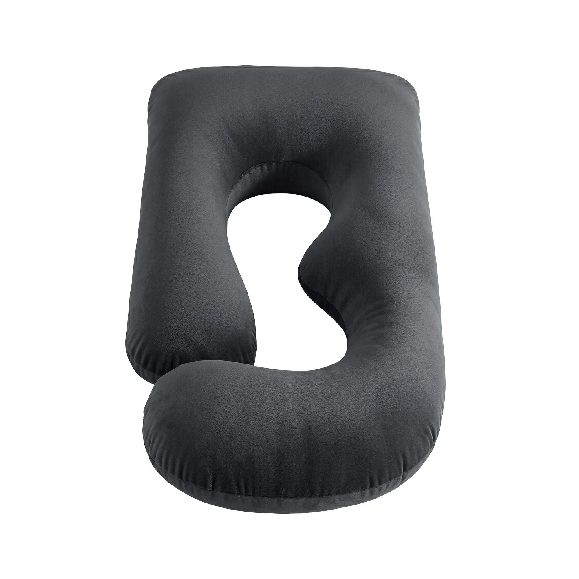 Dark grey pregnancy pillow with U-shaped center opening, front view