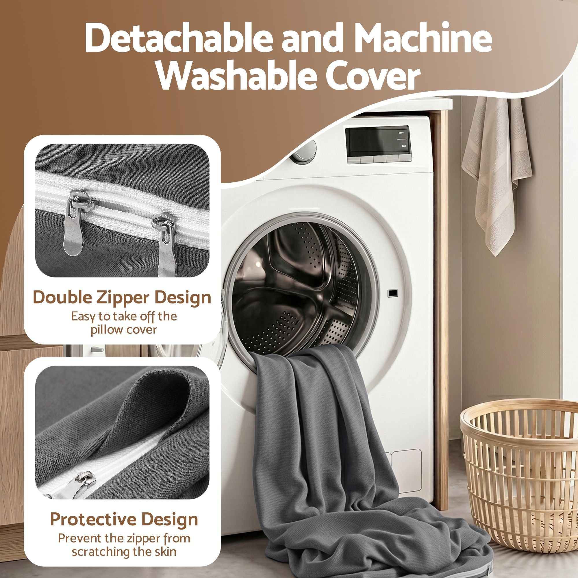 Grey maternity pillow cover with double zipper design, shown with washing machine.