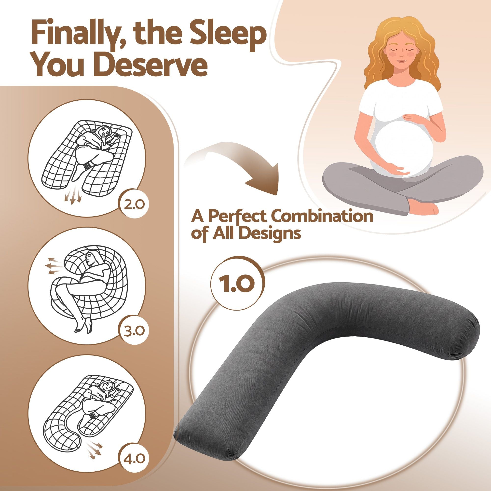 Grey U-shaped maternity pillow for pregnancy comfort, shaped for side support.