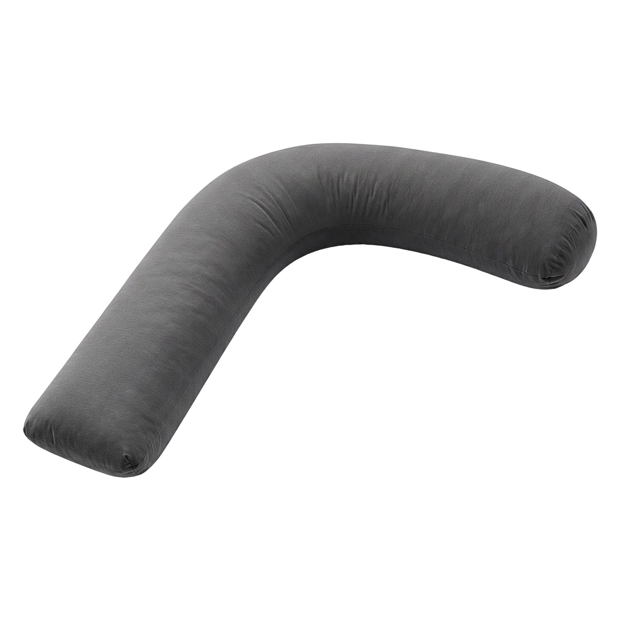 Grey U-shaped maternity pillow with smooth fabric cover on a white background.