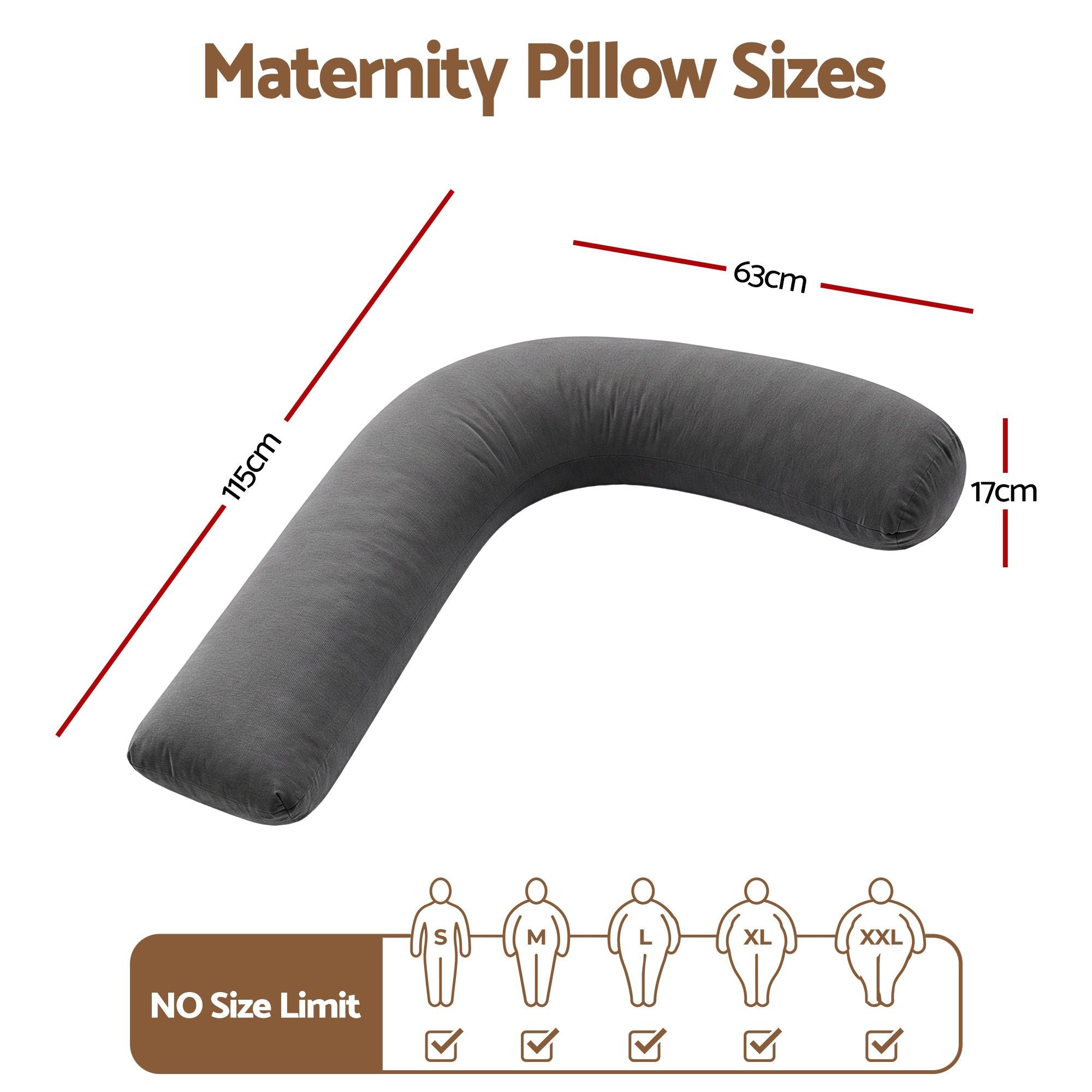 Grey U-shaped maternity pillow size diagram, 63 cm x 115 cm.