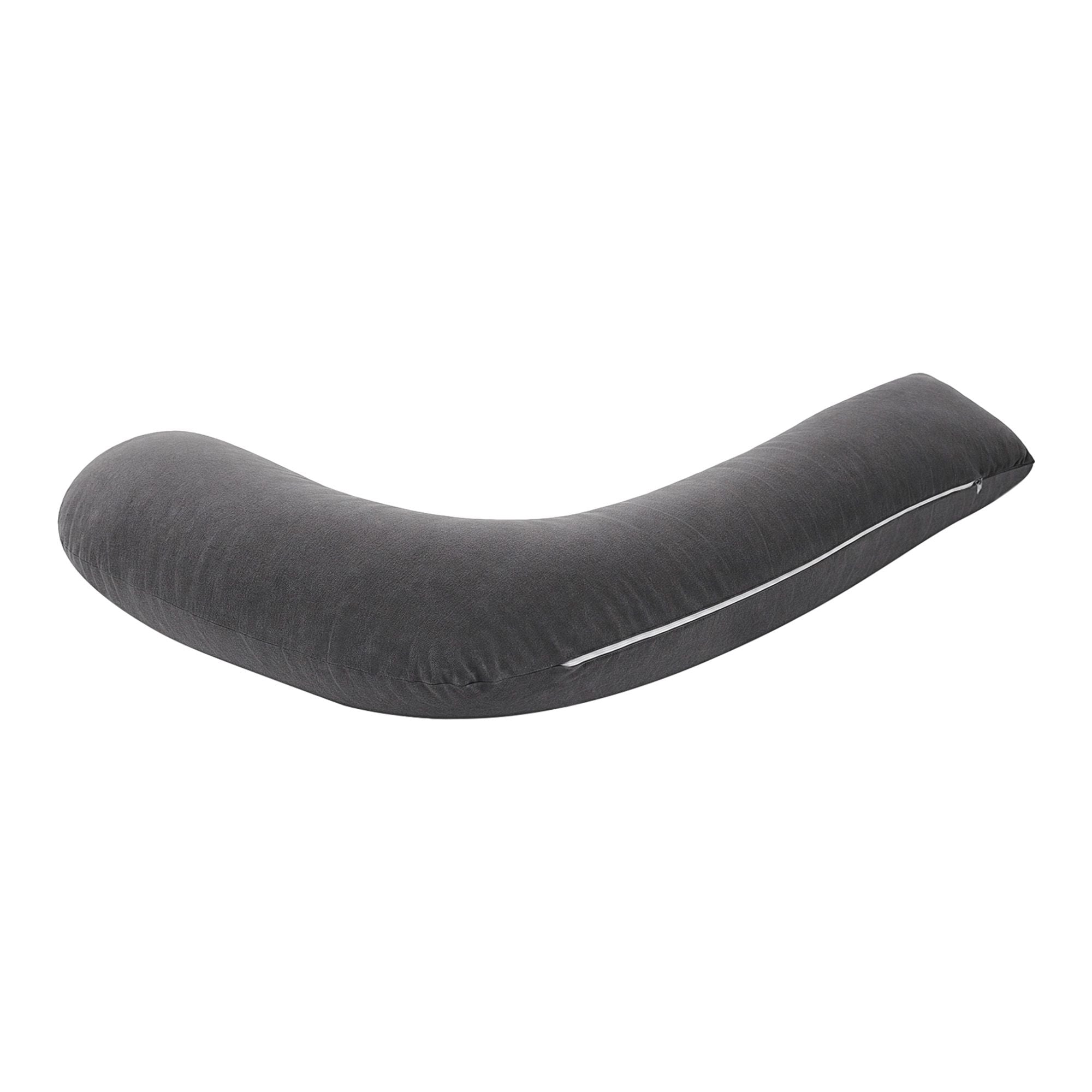 Grey U-shaped maternity pillow with side seam and zipper track detail.