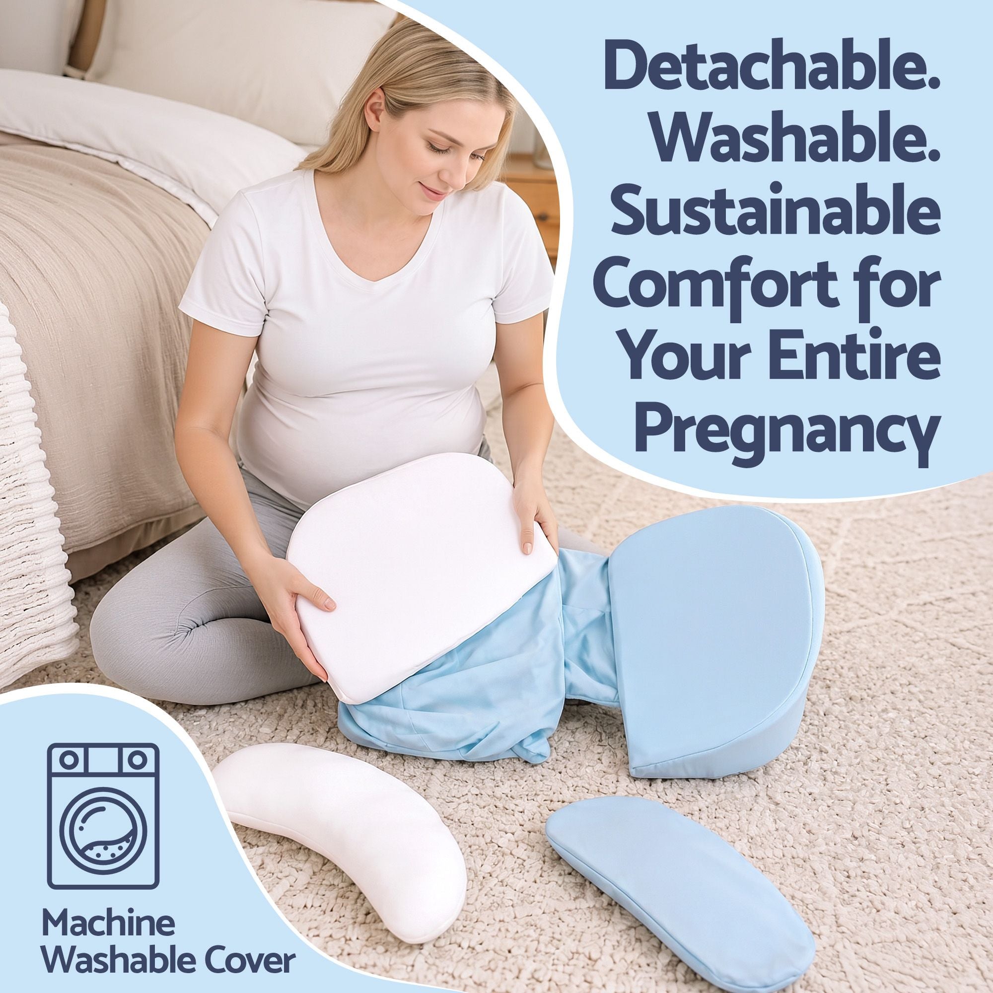 Giselle Bedding Memory Foam Pregnancy Pillow Adjustable with Concave Curve Design, Support for Back, Belly, and Hips, Blue Bedworld