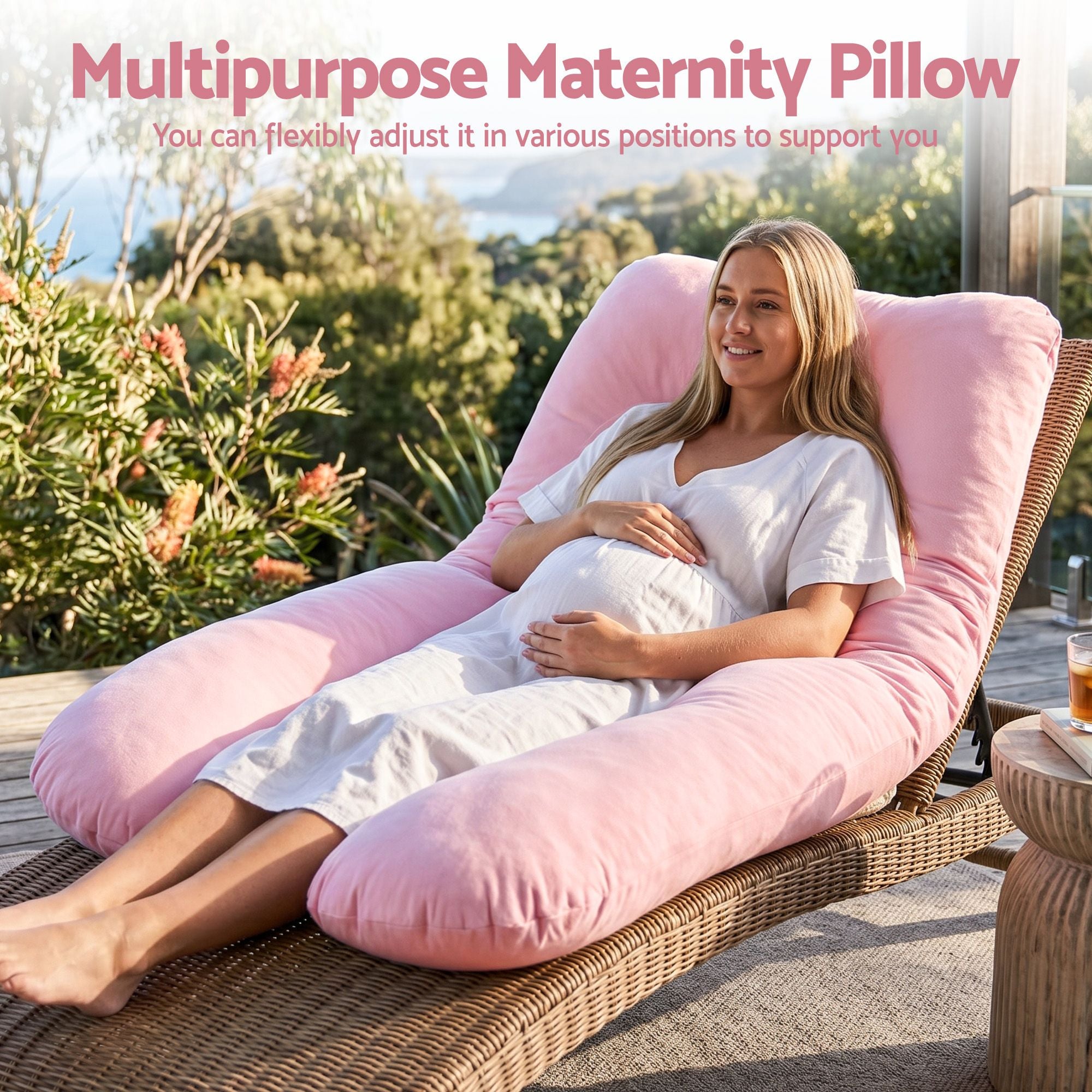 Pink U-shaped full body maternity pillow for sleeping and reading