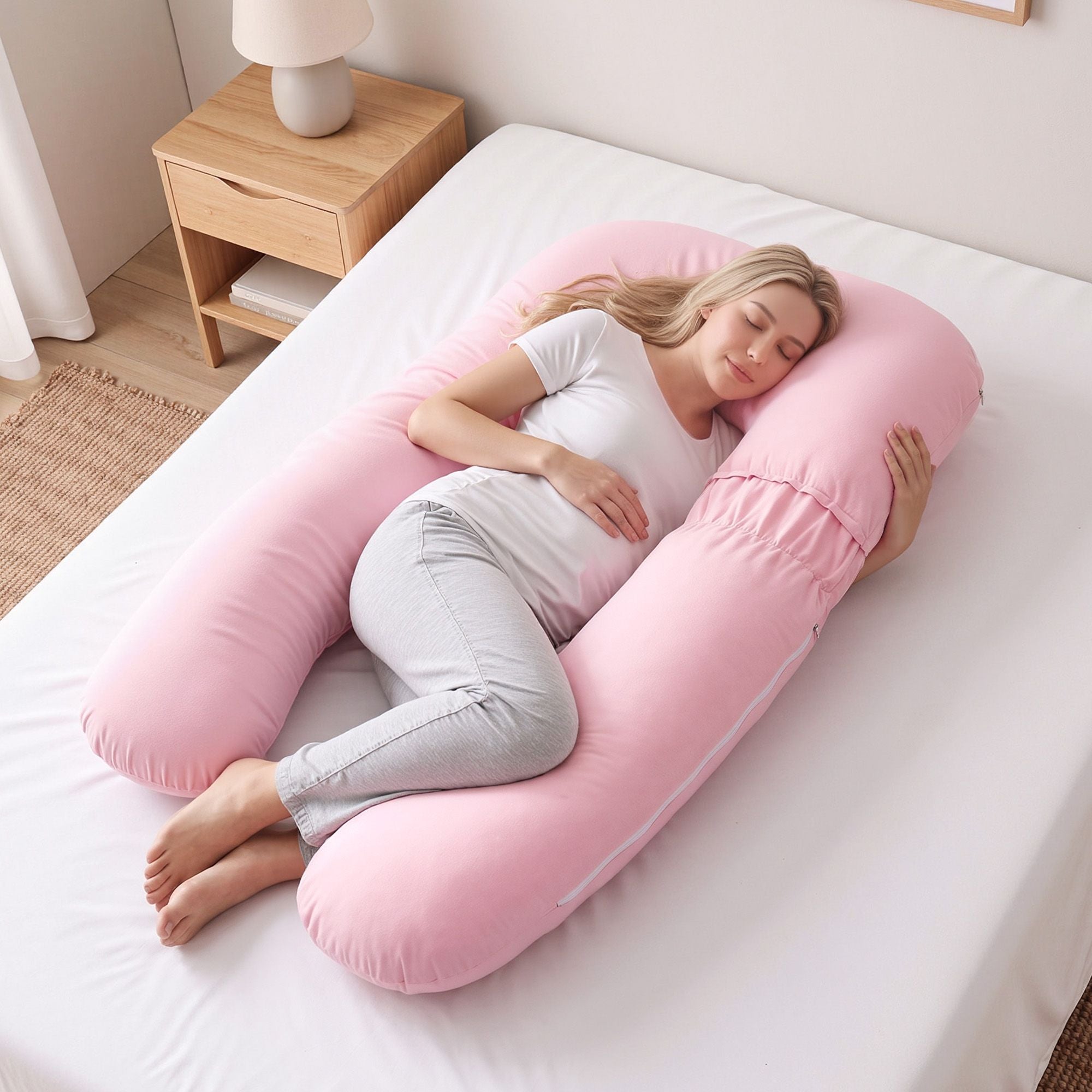 Pink U-shaped full body maternity pillow with sleeper hugging it on a bed