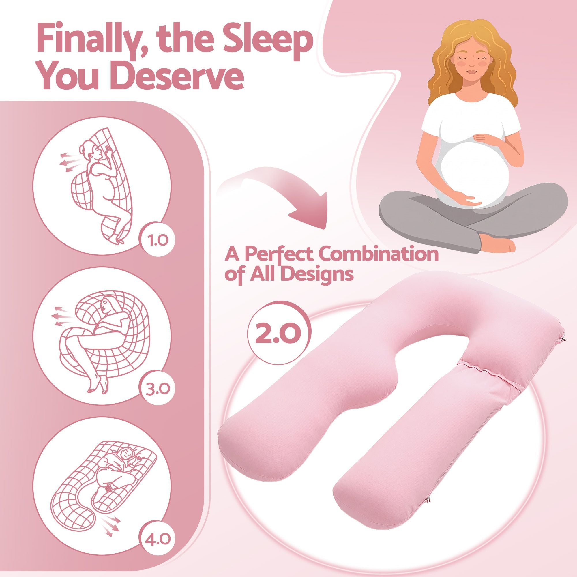 Pink U-shaped maternity pillow shown as a product outline diagram