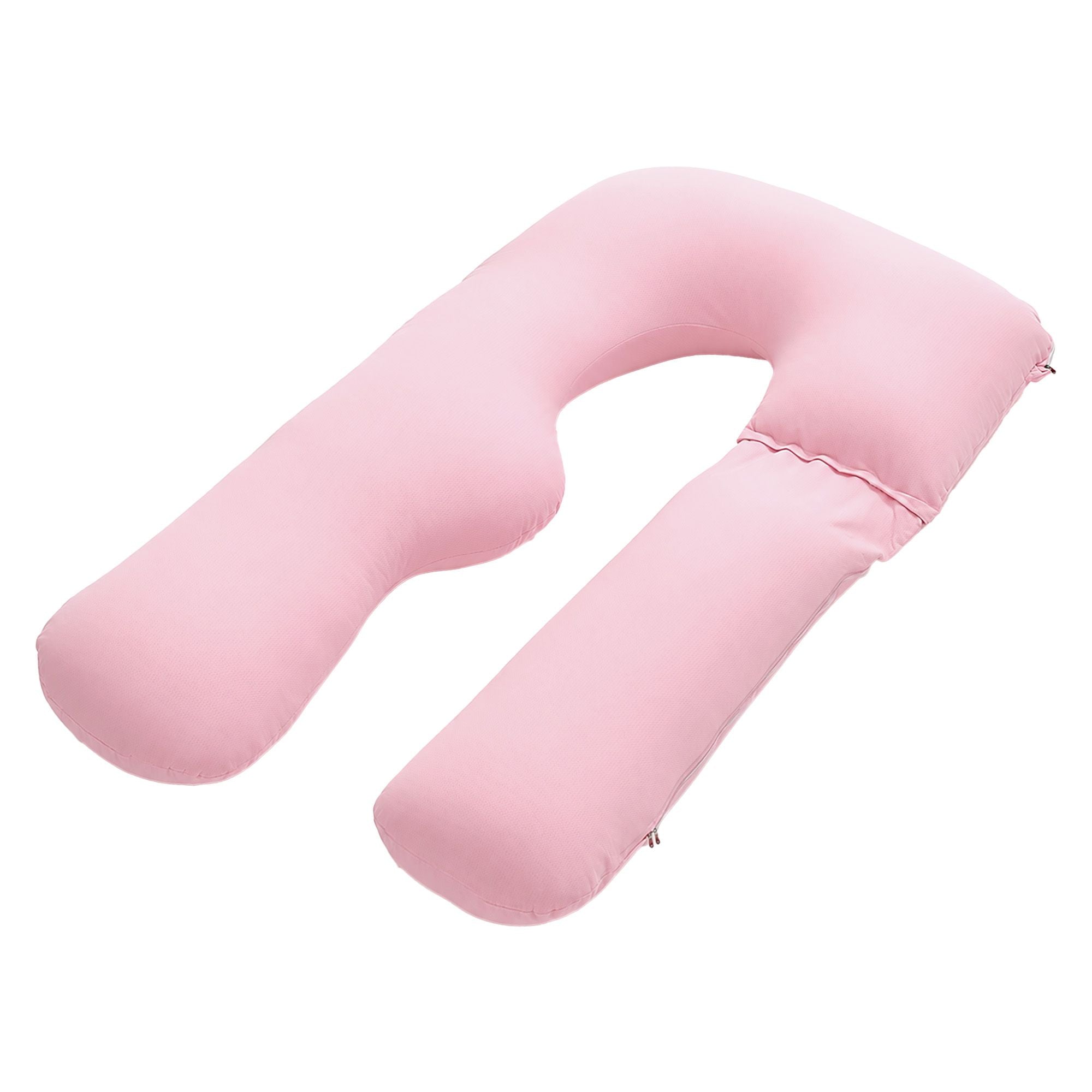 Pink U-shaped maternity pillow with plush filling and stitched edges