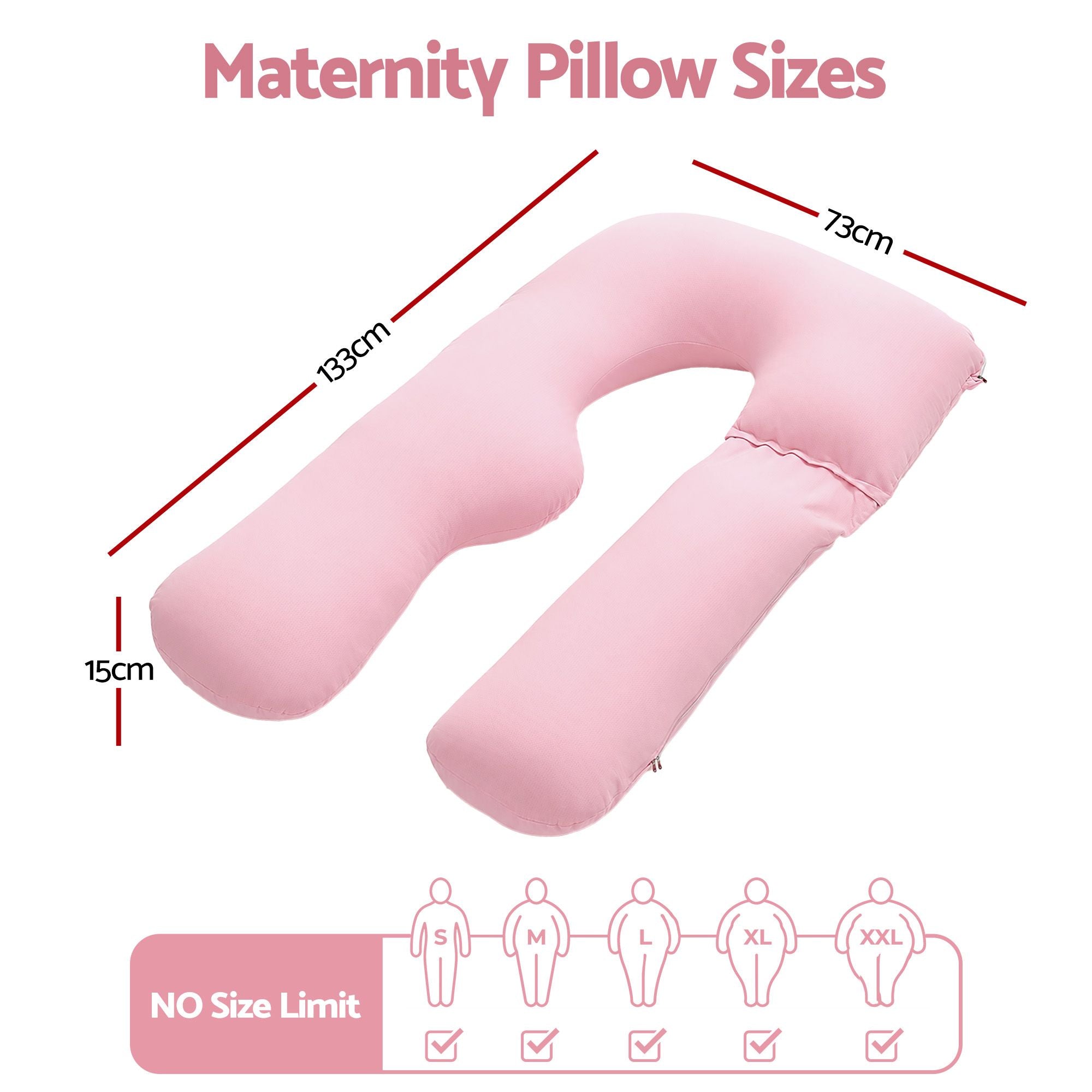 Pink U-shaped maternity pillow with size guide arrows and measurement lines