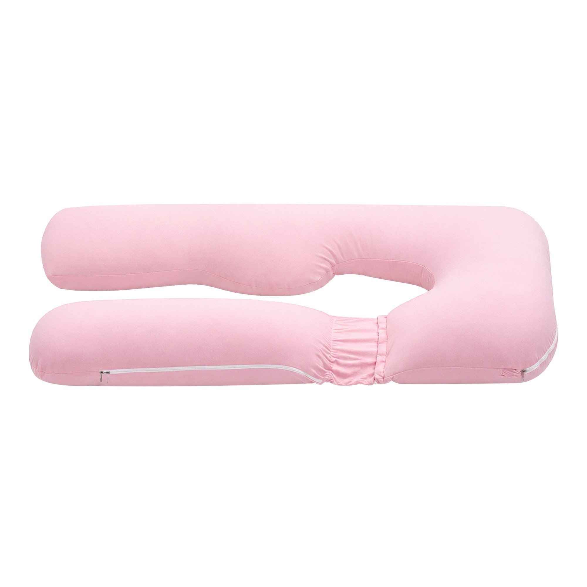 Pink U-shaped maternity pillow with inner seam visible along the side