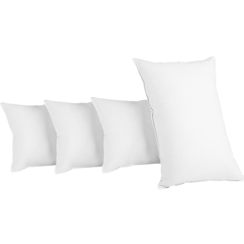 Set of four white bed pillows with smooth covers and piped edges