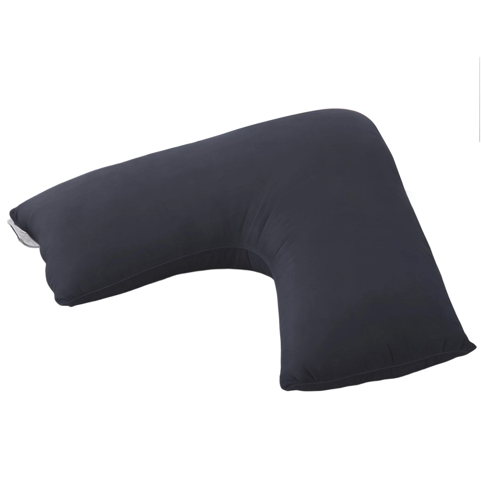 V-shaped body cushion with curved cutout, dark fabric, single pillow