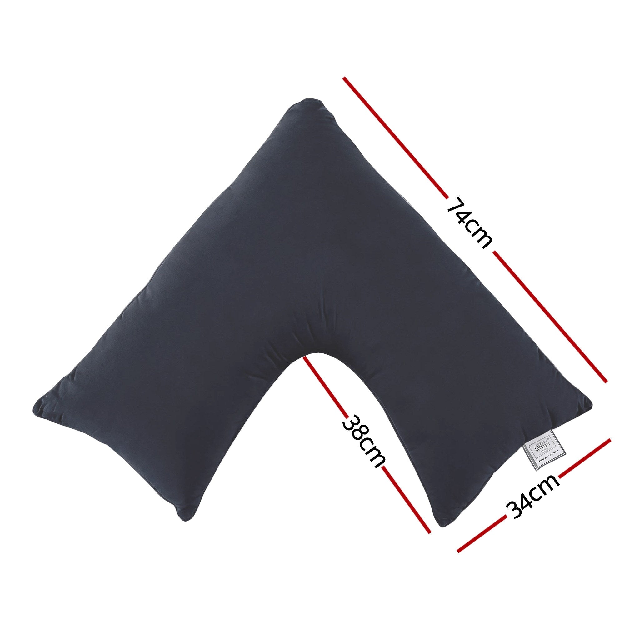 V-shaped body pillow with curved cutout, dark fabric, angled view