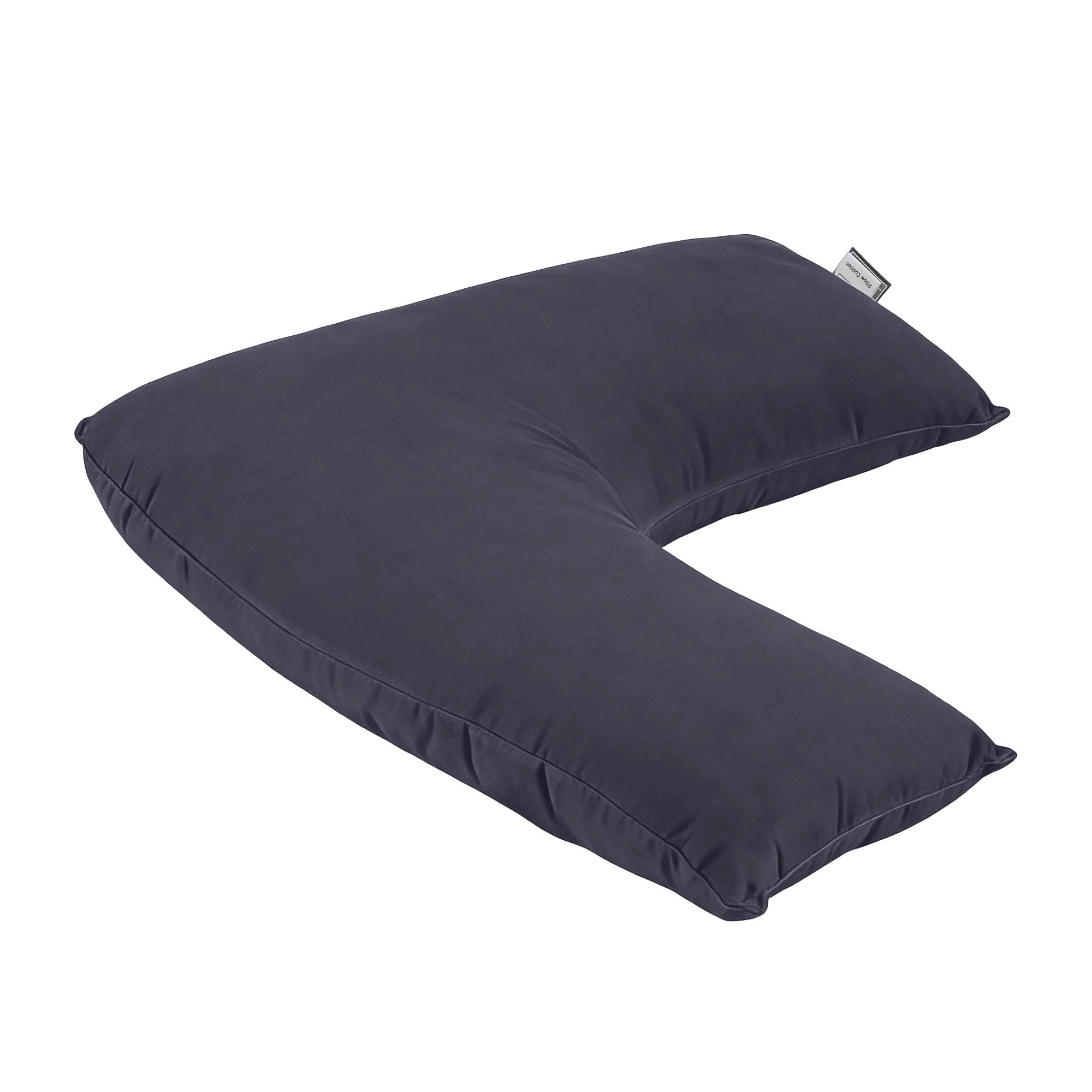 V-shaped nursing pillow with curved cutout, dark fabric, stitched edges and label