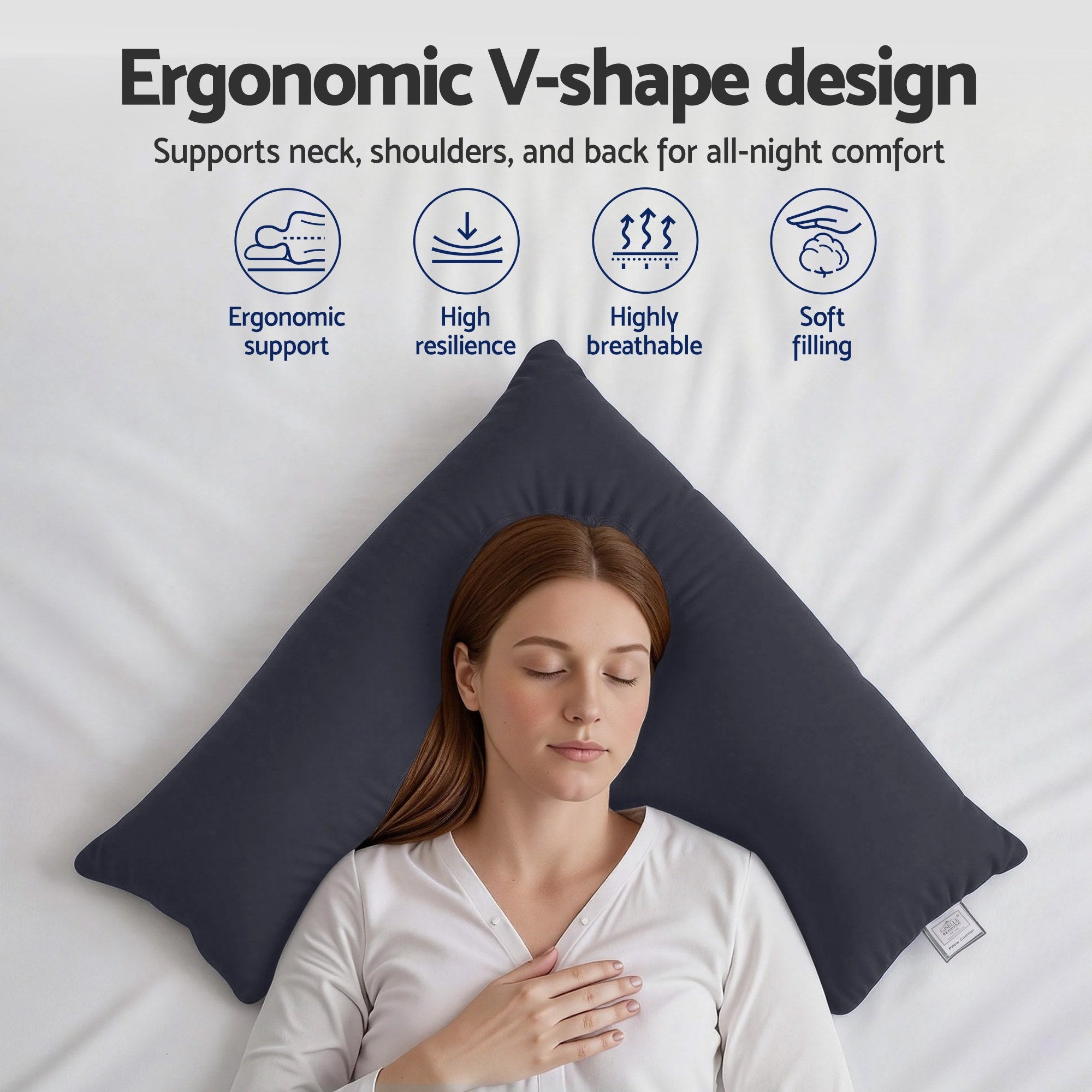 V-shaped body cushion with two supportive sides and curved center cutout, dark fabric