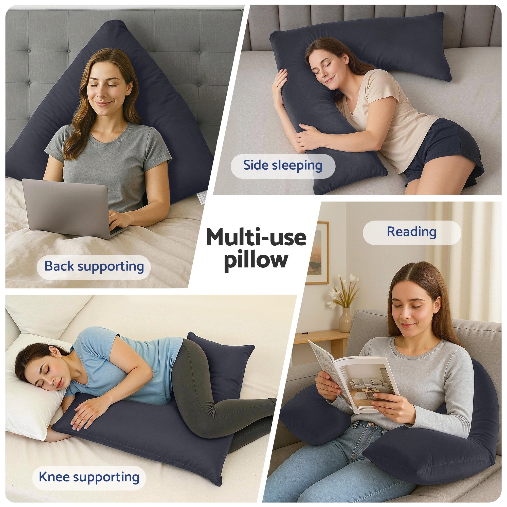 V-shaped multi-use body pillow with curved center cutout, dark fabric
