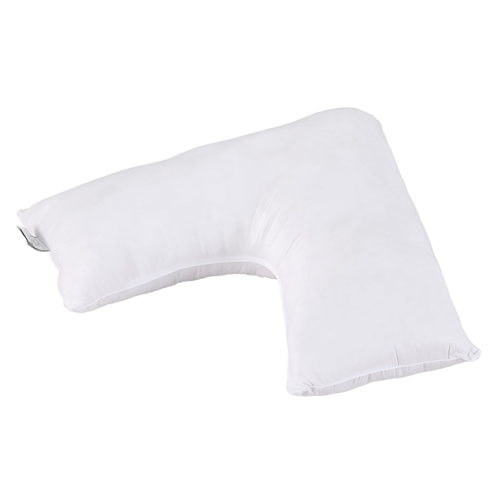 White V-shaped boomerang nursing body cushion with curved cutout center.